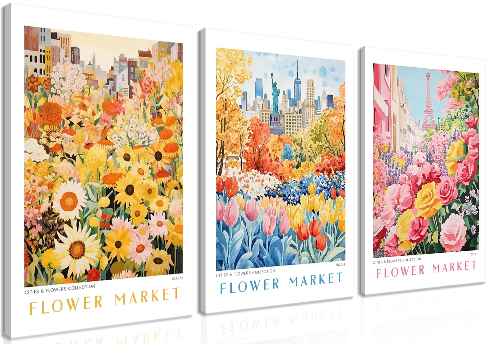 Flower Market Colorful Plants Wall Art Set of 3, Yellow Wildflower Sunflower Canvas Prints Picture, Red Floral Travel Painting Poster for Living Room