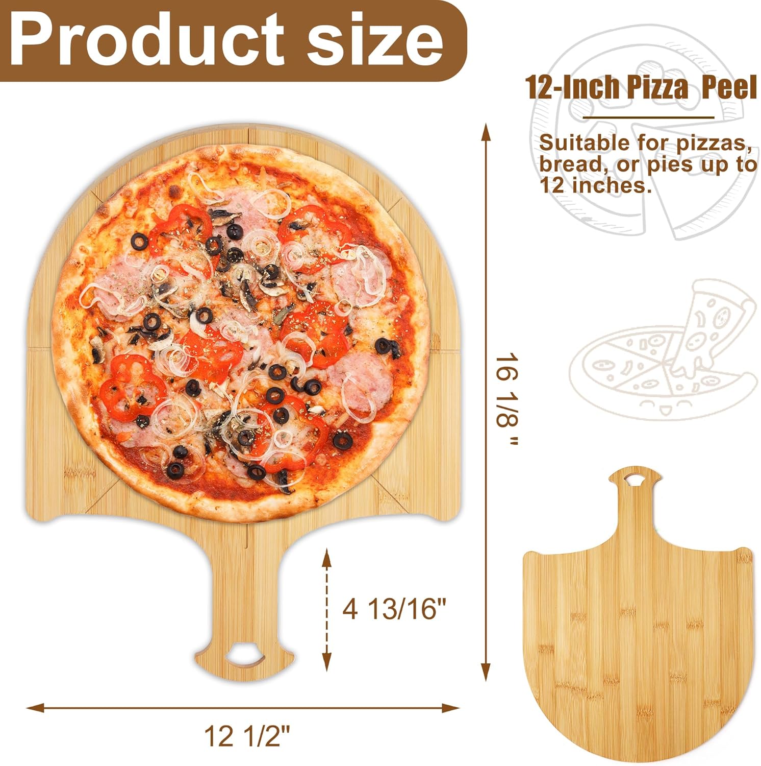 6piece 12inch Non-Stick Wooden Pizza Peel with Stand，Non-Stick Bamboo Pizza Peel with Cutting Grooves，Rack Stand with Top Storage Container Divider for Easy Pizza Making