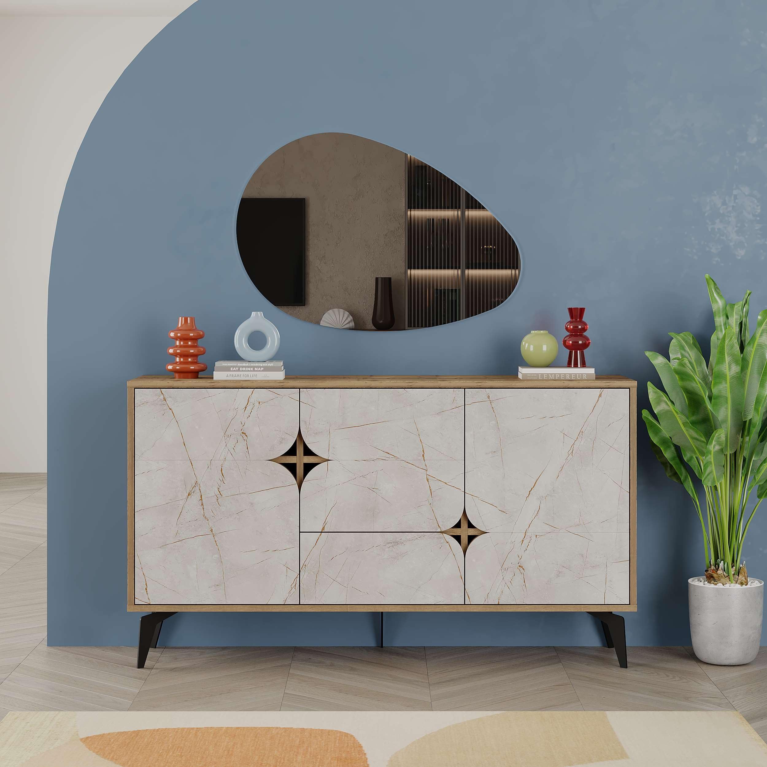 Totò Piccinni Madia Credenza STELLAR in Legno con tre ante e un cassetto (Rovere Antico/Effetto Marmo Bianco)