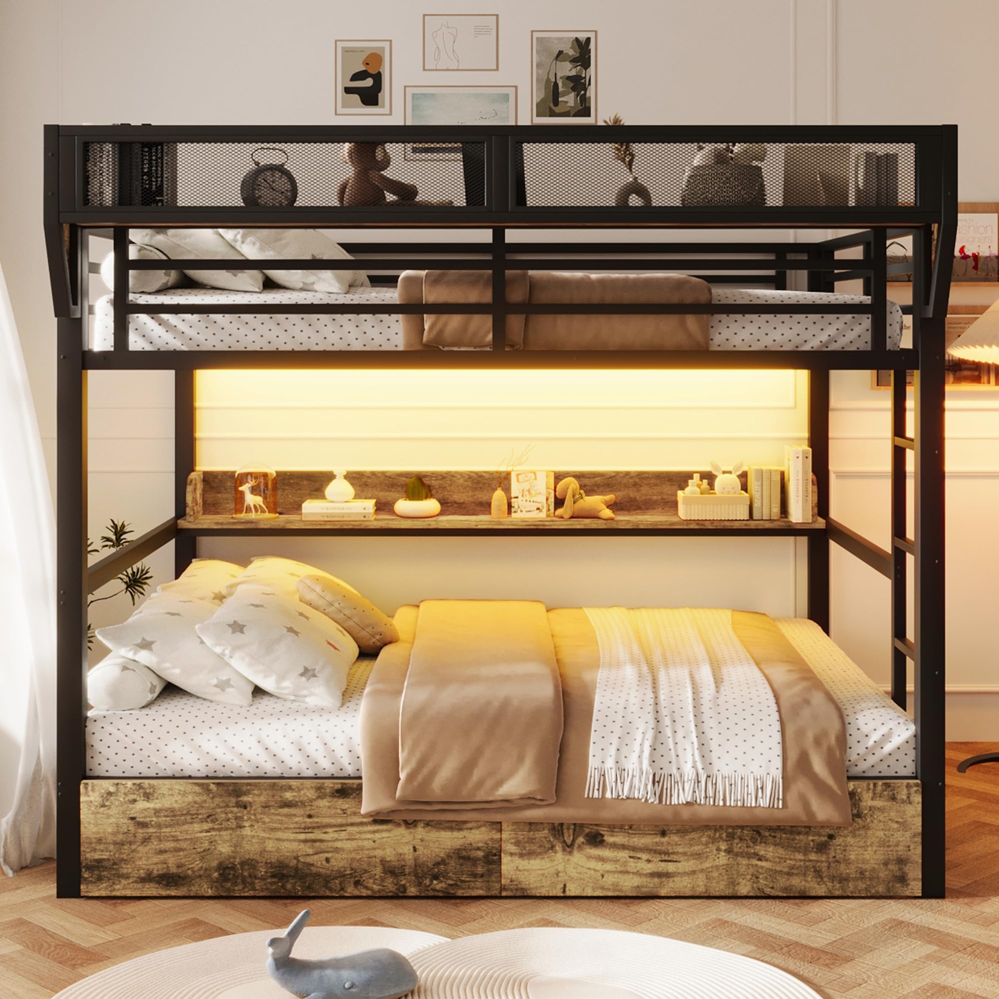 Kebnor Letto a castello in ferro, con ripiano portaoggetti, 2 cassetti in ferro, luce LED, senza materasso (nero-B, 140 x 200 cm)