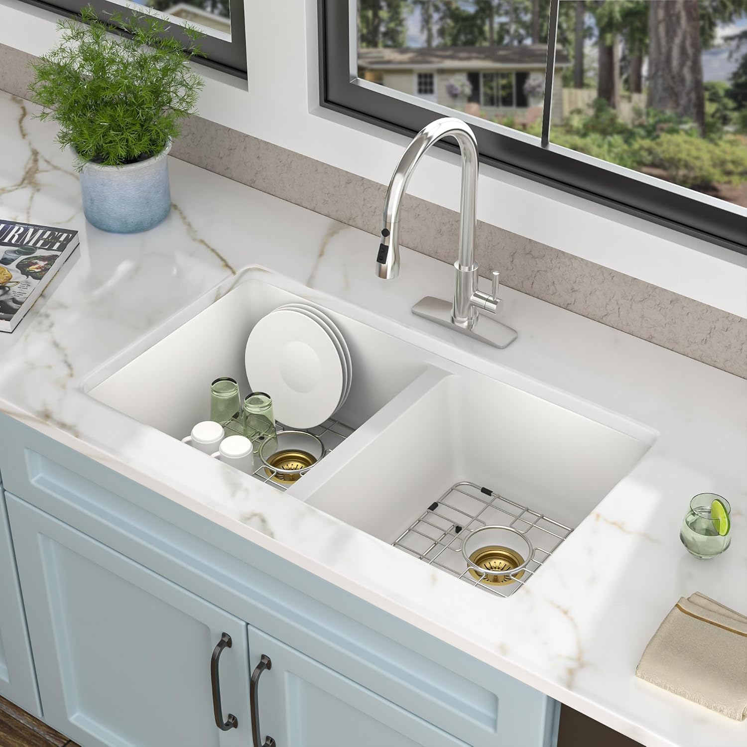 33 Granite Composite Kitchen Sink Double Bowl - Fulorni 33"x19" Granite Kitchen Sink White Undermount Double Bowl 50/50 Quartz Classic Composite Under Counter Basin