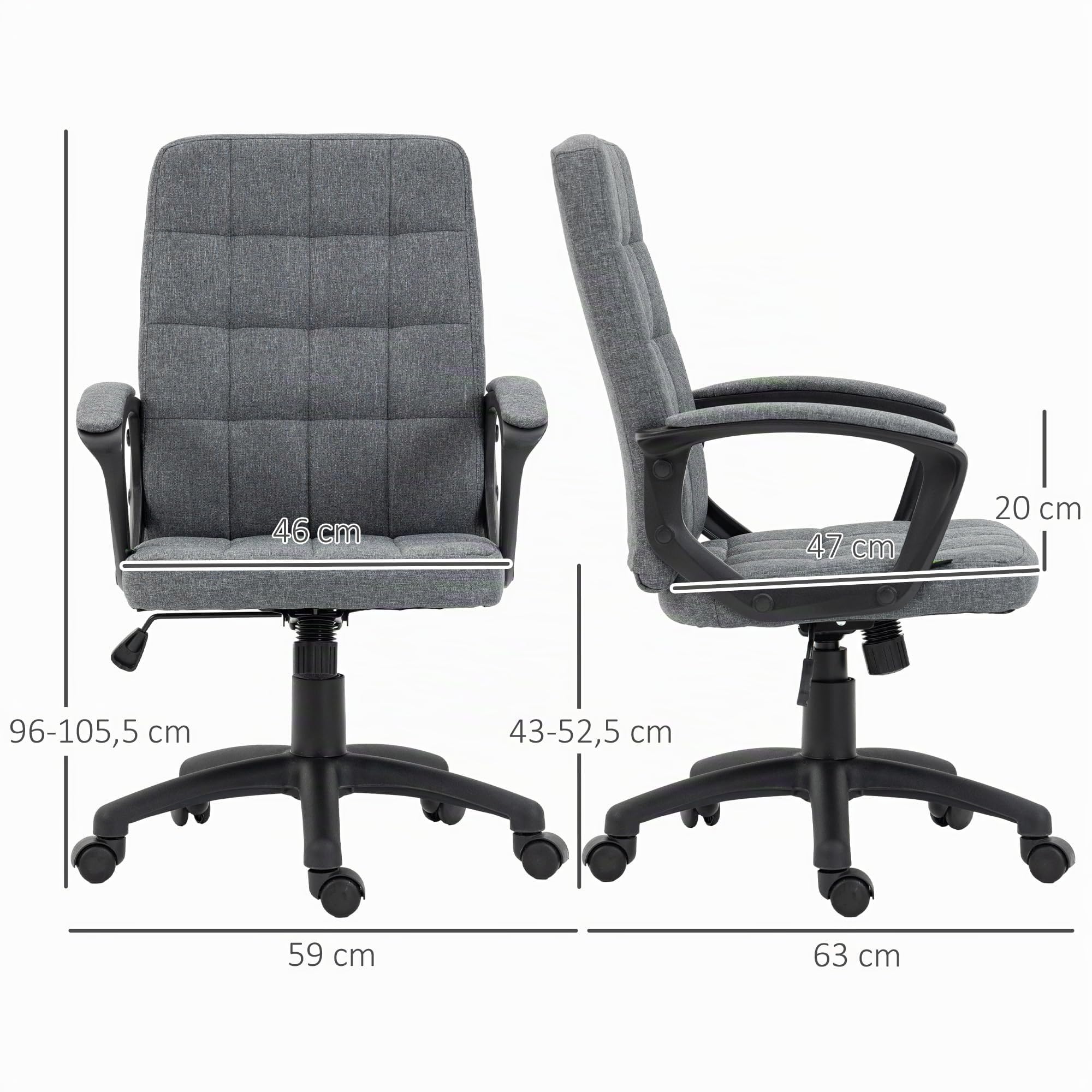 Vinsetto Silla de Oficina Silla de Escritorio Giratoria Gris Oscuro | Tapizada en Lino Sintético, Altura Ajustable, Basculante, Respaldo Medio, con Reposabrazos, Ruedas