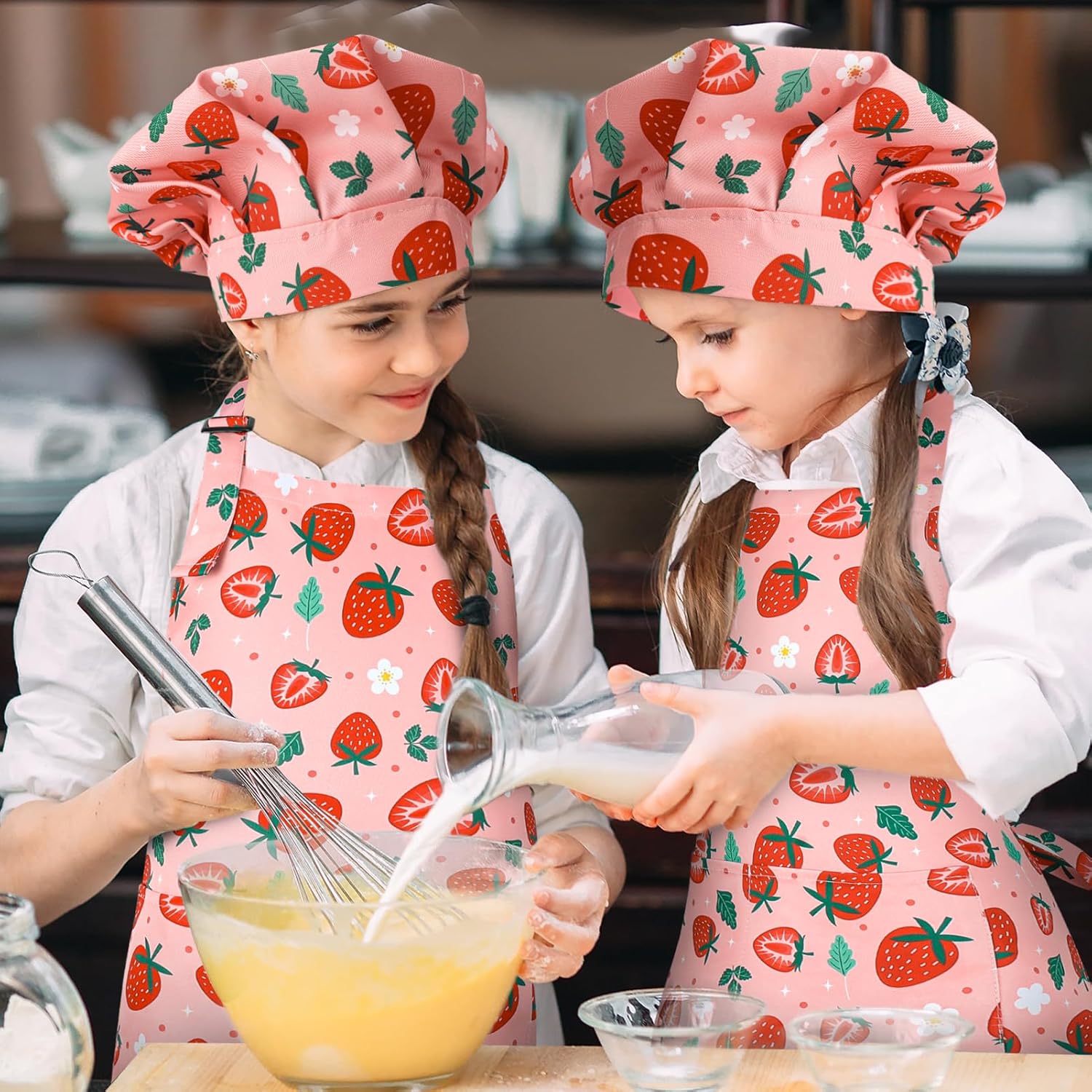 Kids Apron and Chef Hat Set, Cute Strawberry Apron Adjustable Kids Aprons with 2 Pockets Girls and Boys, Kids Cooking Aprons Artist Aprons Kitchen Toddler Aprons for Cooking, Baking, Painting - Image 6