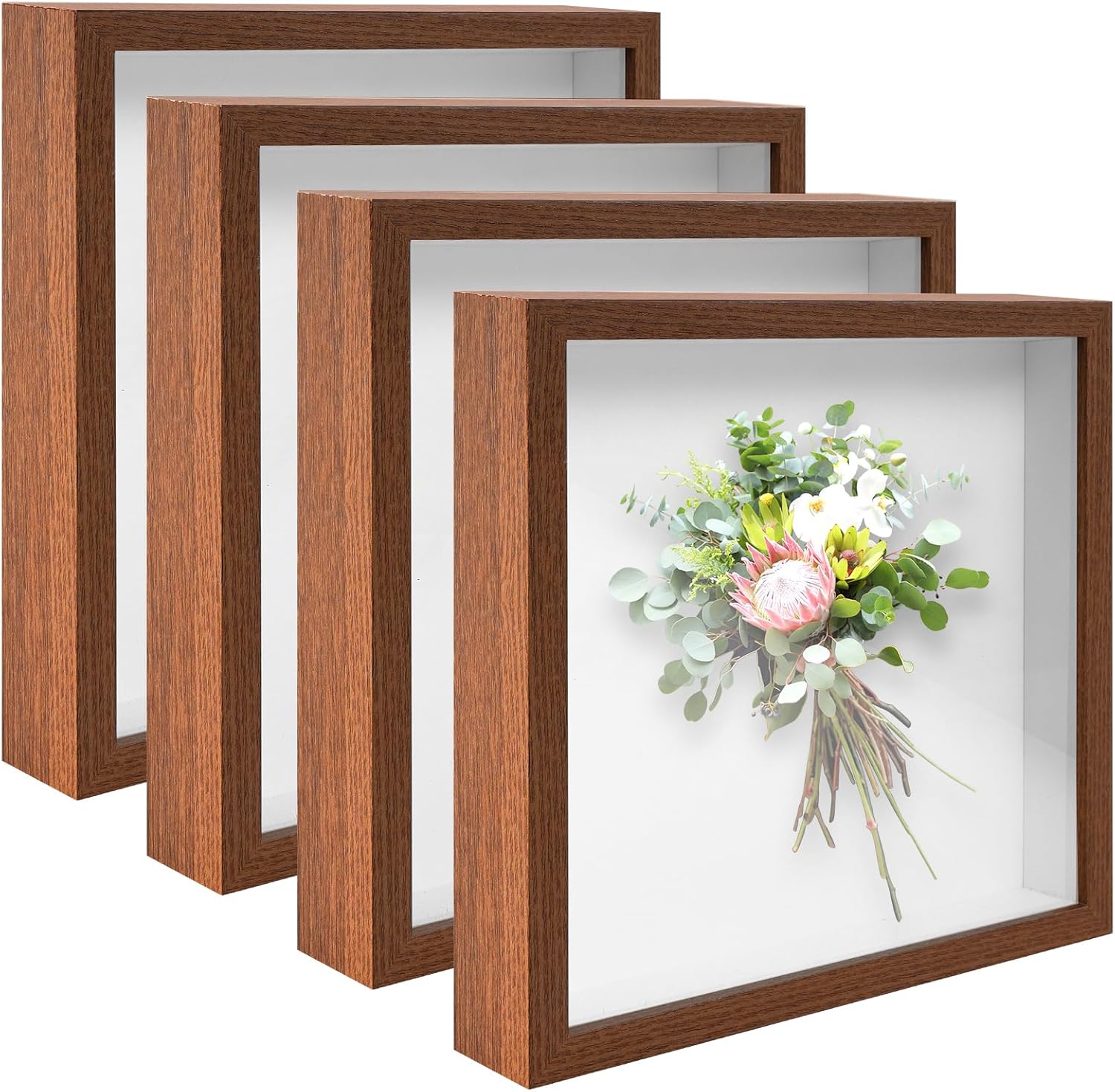 4 Pack 8"x 8" Shadow Boxes Frame Display Cases Wood Deep Shadowbox for Photos, Dried Flowers, Handicrafts Picture Frames for Wall Tabletop (Walnut Wood, 8x8)