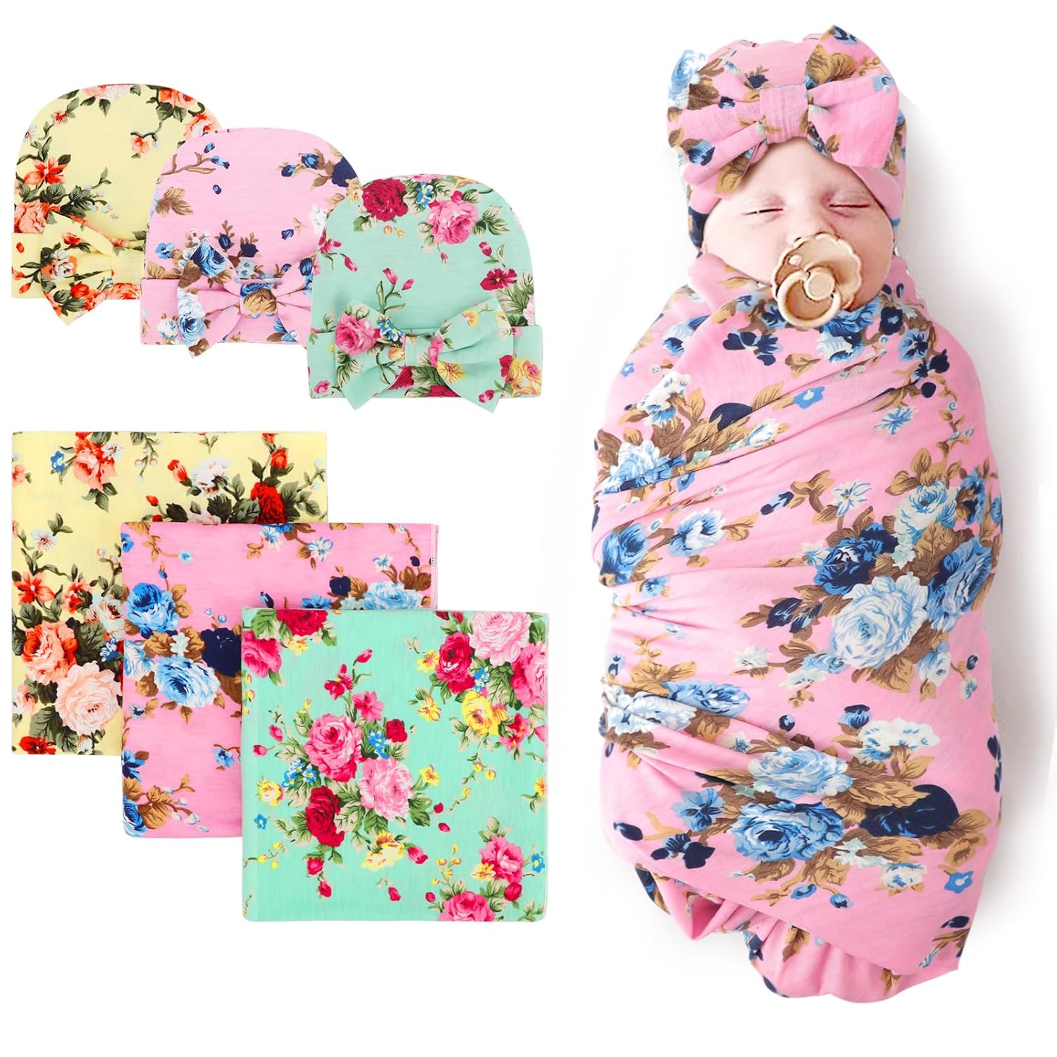 DRESHOW BQUBO Newborn Floral Receiving Blankets Newborn Baby Swaddling Hats Sleepsack Toddler Warm Shower Gift 3 Pack