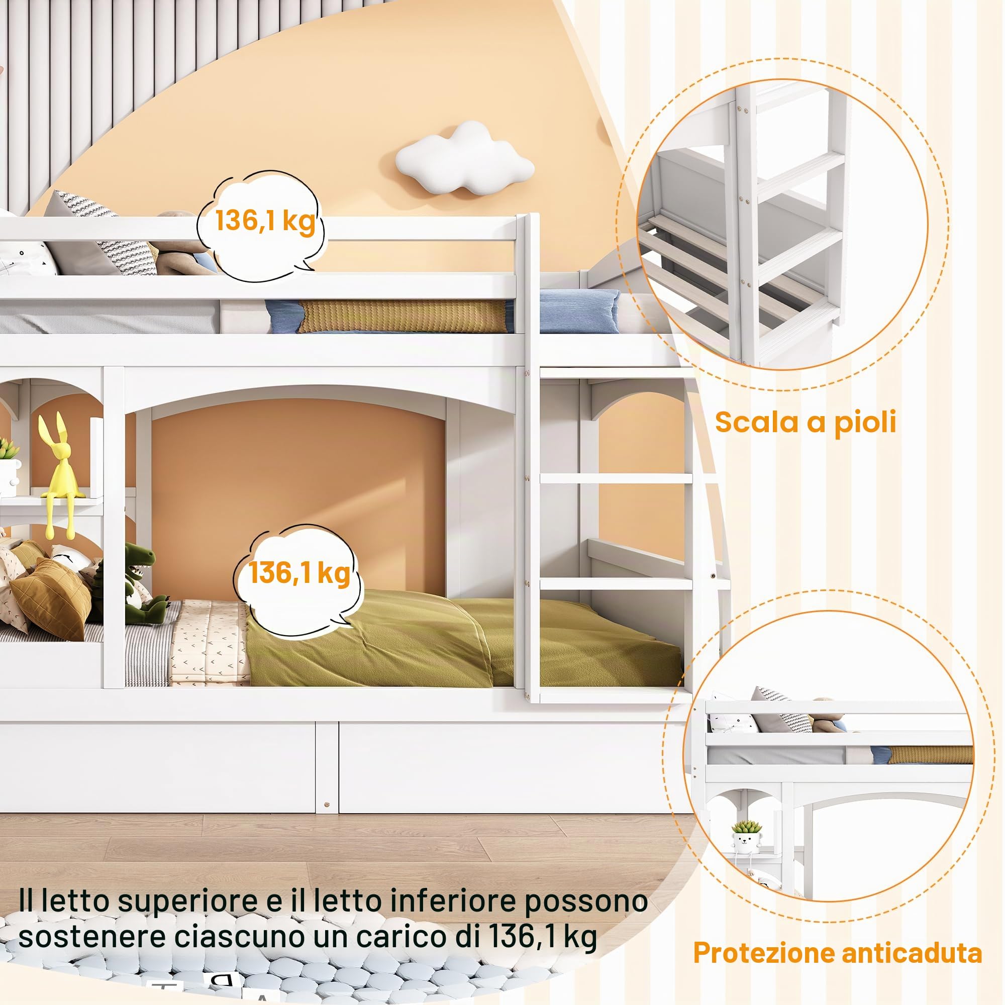 Letto a castello per bambini, 90 x 200 cm, letto matrimoniale, con scrivania pieghevole e mensola, con scala e 2 cassetti, senza materasso, legno massello, bianco