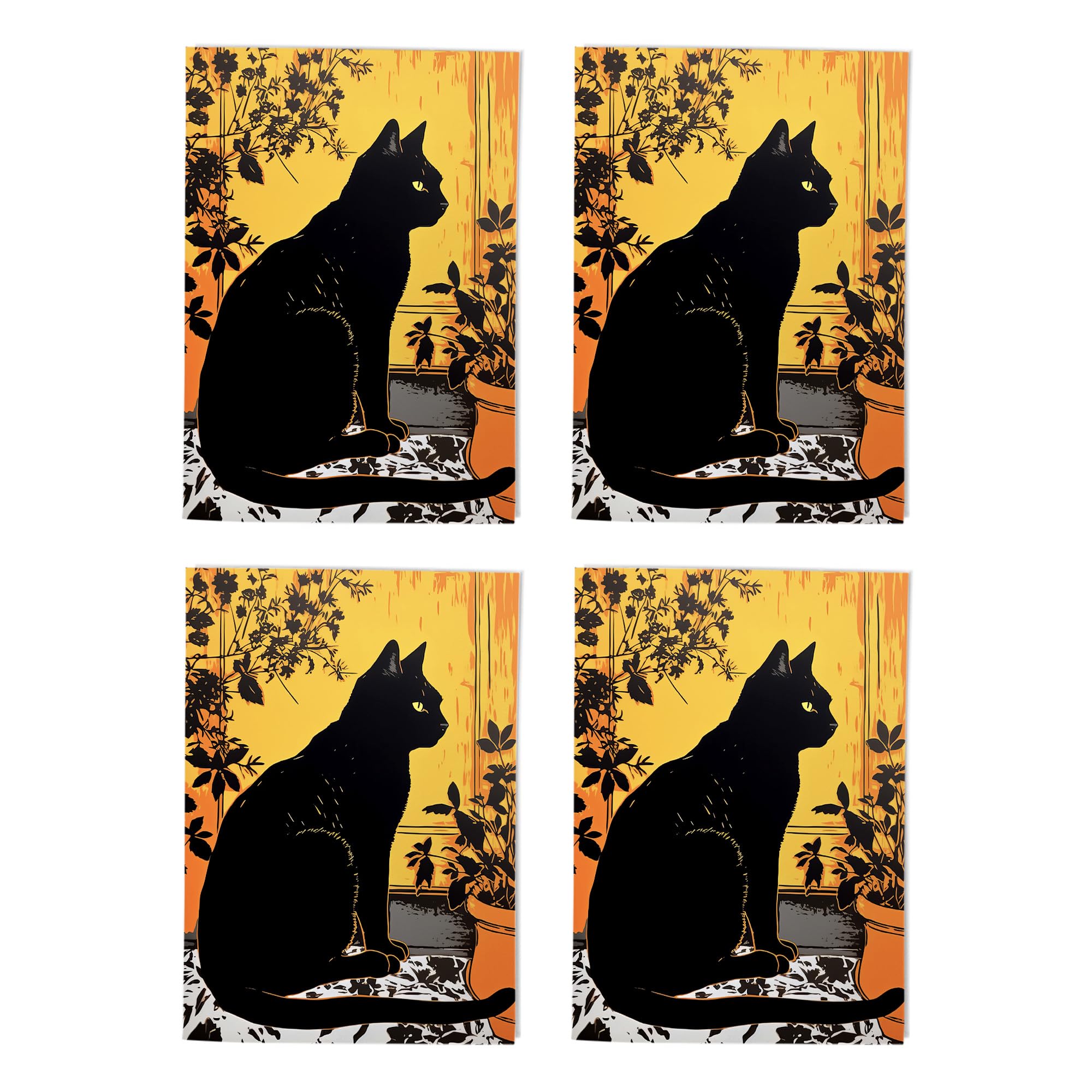 Black Cat Sunlight Art Cards Multipack of 4 Feline Greeting Cards For Any Occasion Blank Inside A6 10 x 15 cm