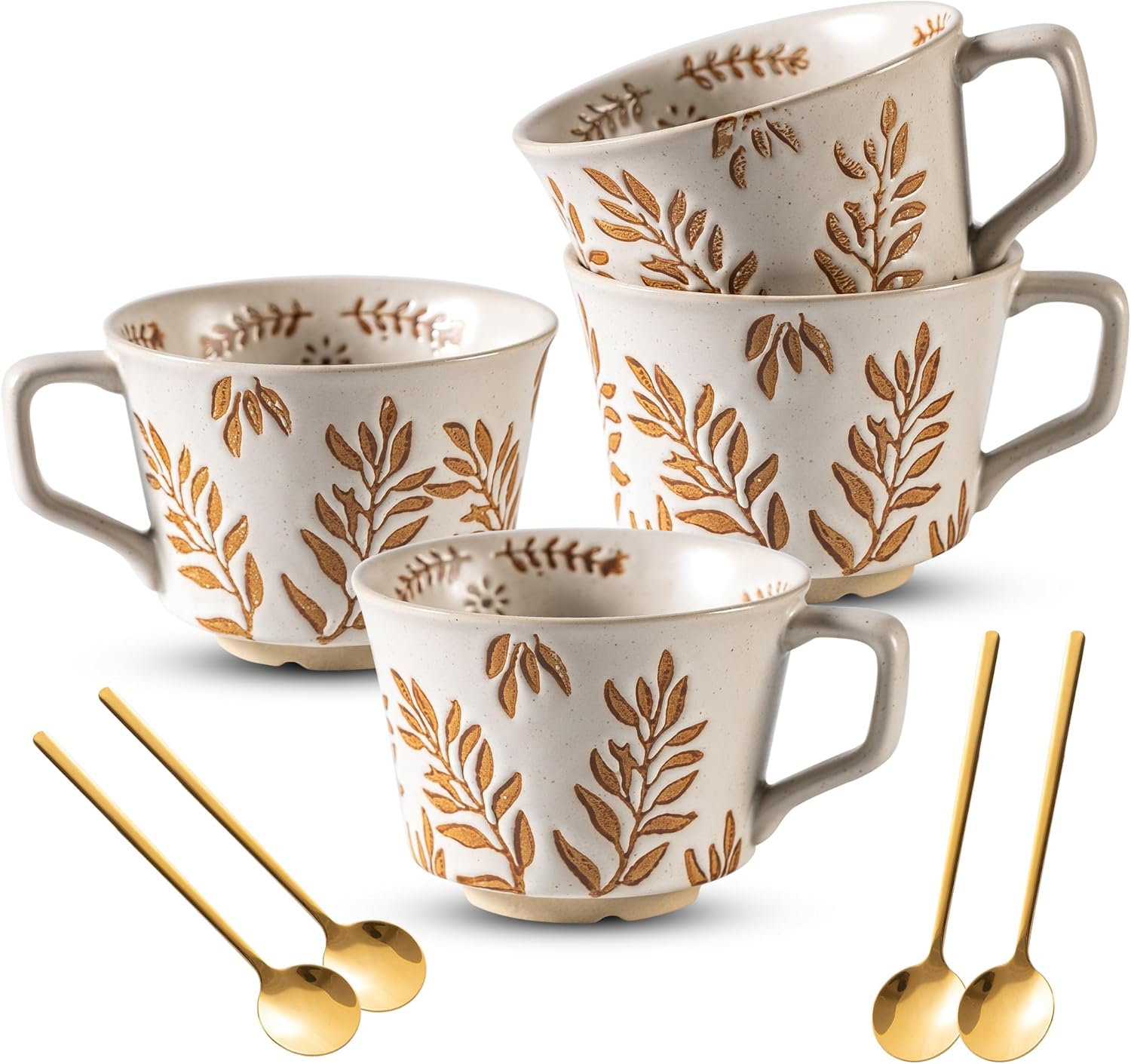 Coffee Mugs Set of 4 with Gold Spoon, 11 oz Ancient Style Hand-painted Ceramic Mug Gifts for Men Women, Unique Personality Gifts for Home Kitchen Office, Dishwasher Microwave Safe Bean leaf