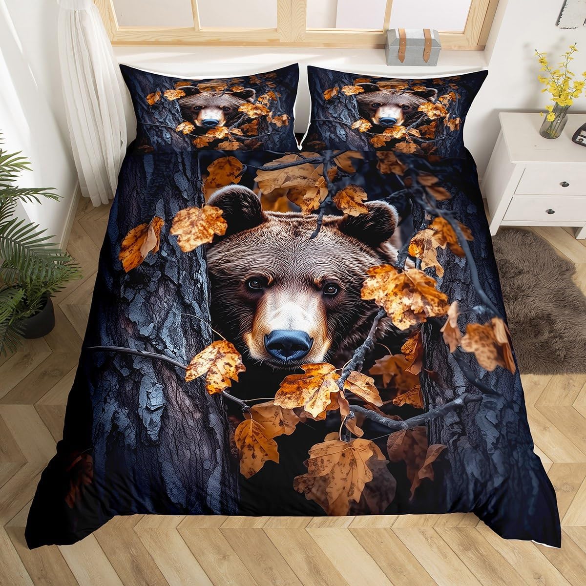 Castle Fairy 3D Bear Duvet Cover Set Toddler Size Jungle Hunt Wildlife Comforter Cover Farmhouse Safari Animal Bedding Set 2pcs for Kids Natural Tree Branch Bedspread Cover,Comforter Not Included