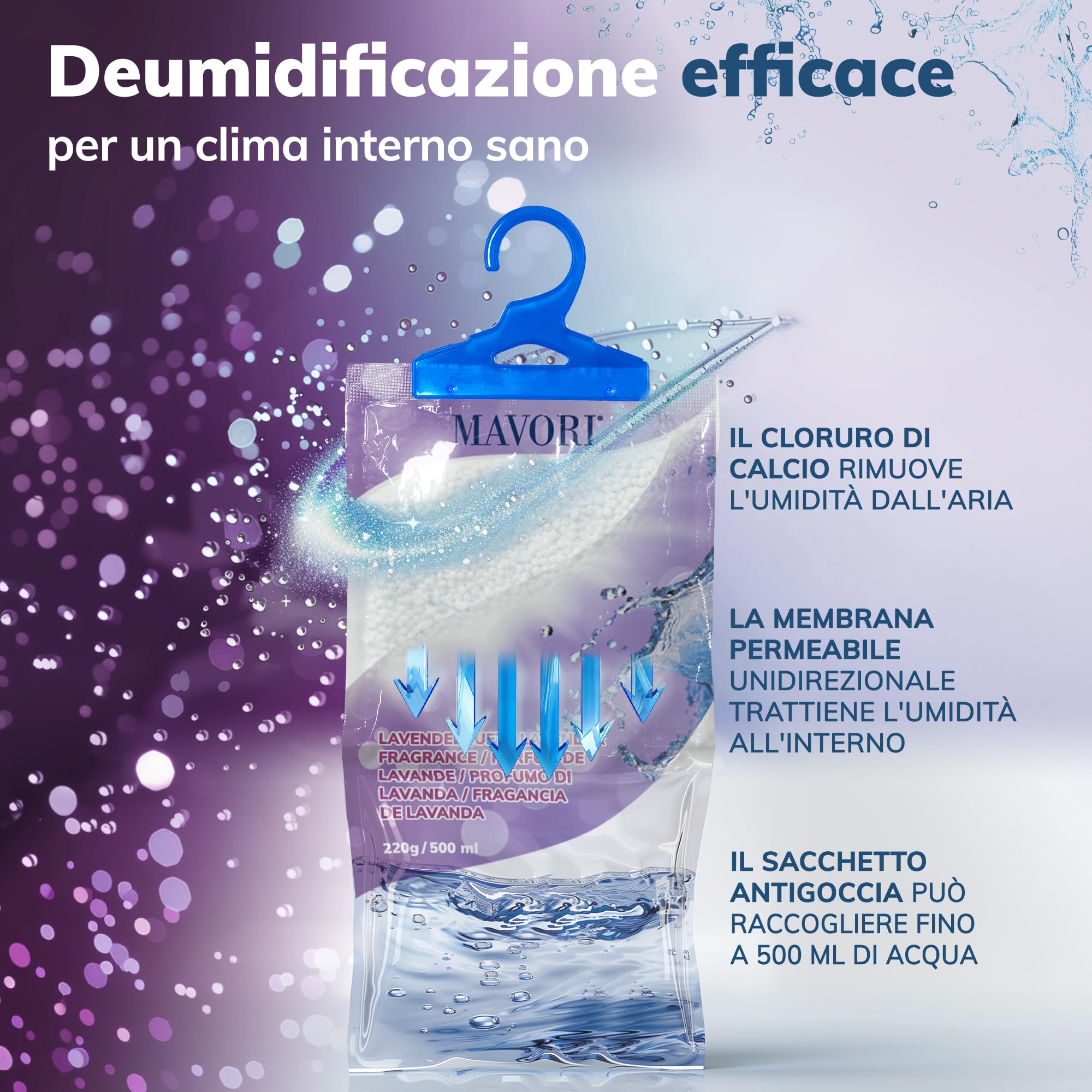 Set 10 deumidificatori XL da appendere | deumidificatori a sacchetti | deumidificatore da armadio e assorbiumidità per ambienti contro umidità, fino a 500 ml per sacchetto (Profumo di lavanda)