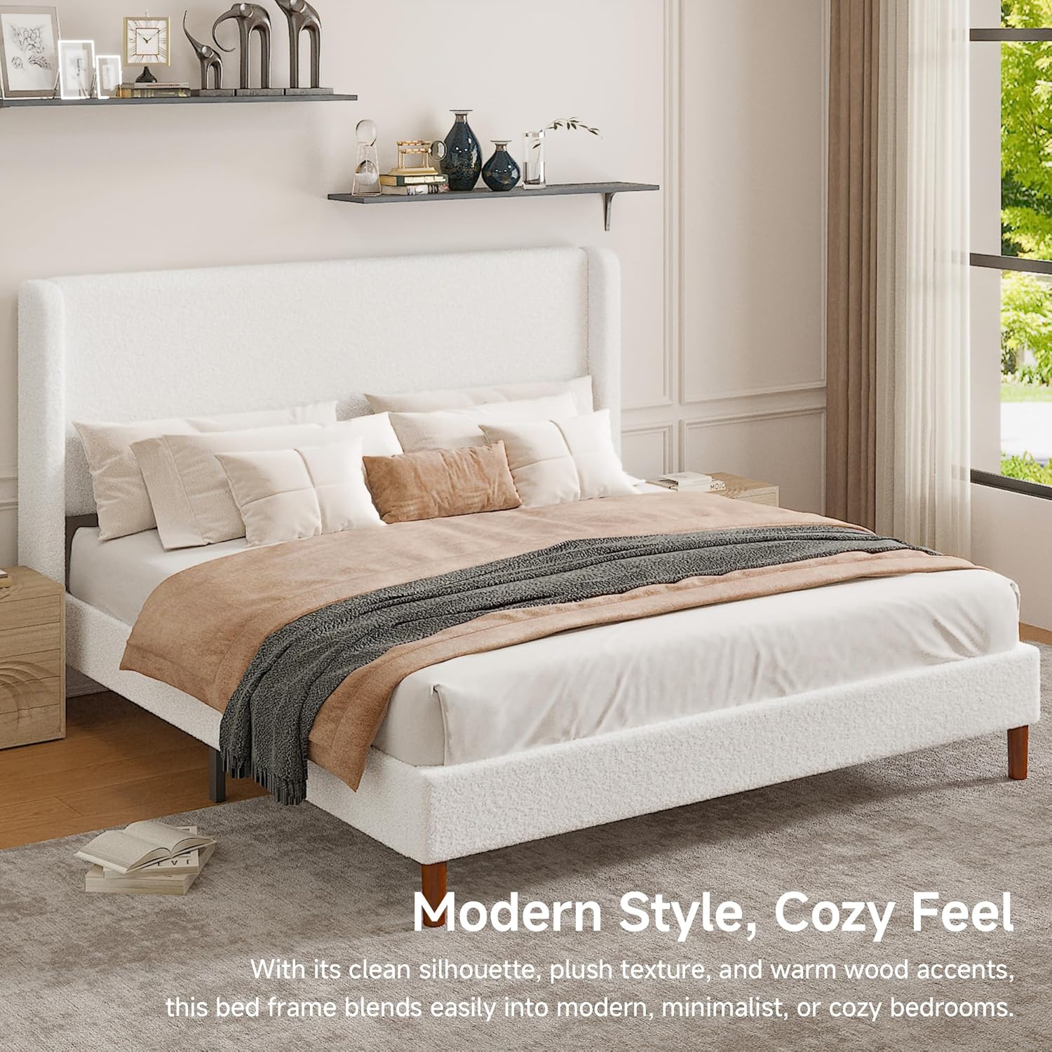 King Boucle Upholstered Platform Bed Frame with Adjustable Wingback Headboard, Cloud Bed with Solid Wood Legs, No Box Spring Needed, Easy Assembly, White