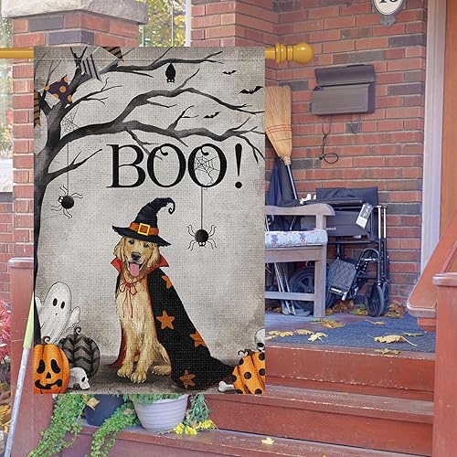 Miniatura 3 de Bandera de jardín de perro Golden Retriever de Halloween de 28 x 40 pulgadas, arpillera de doble cara, fantasma, rústico, decoración de granja,