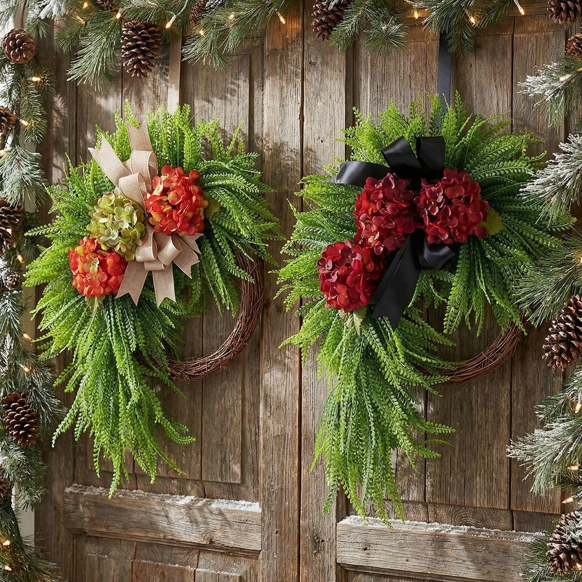 Spring Wreath for Front Door, Farmhouse Summer Wreath with Greenery Cream Flowers and Linen Bow, Asymmetrical Floral Wreath for Porch Entryway Wall Decor (#4PCS)