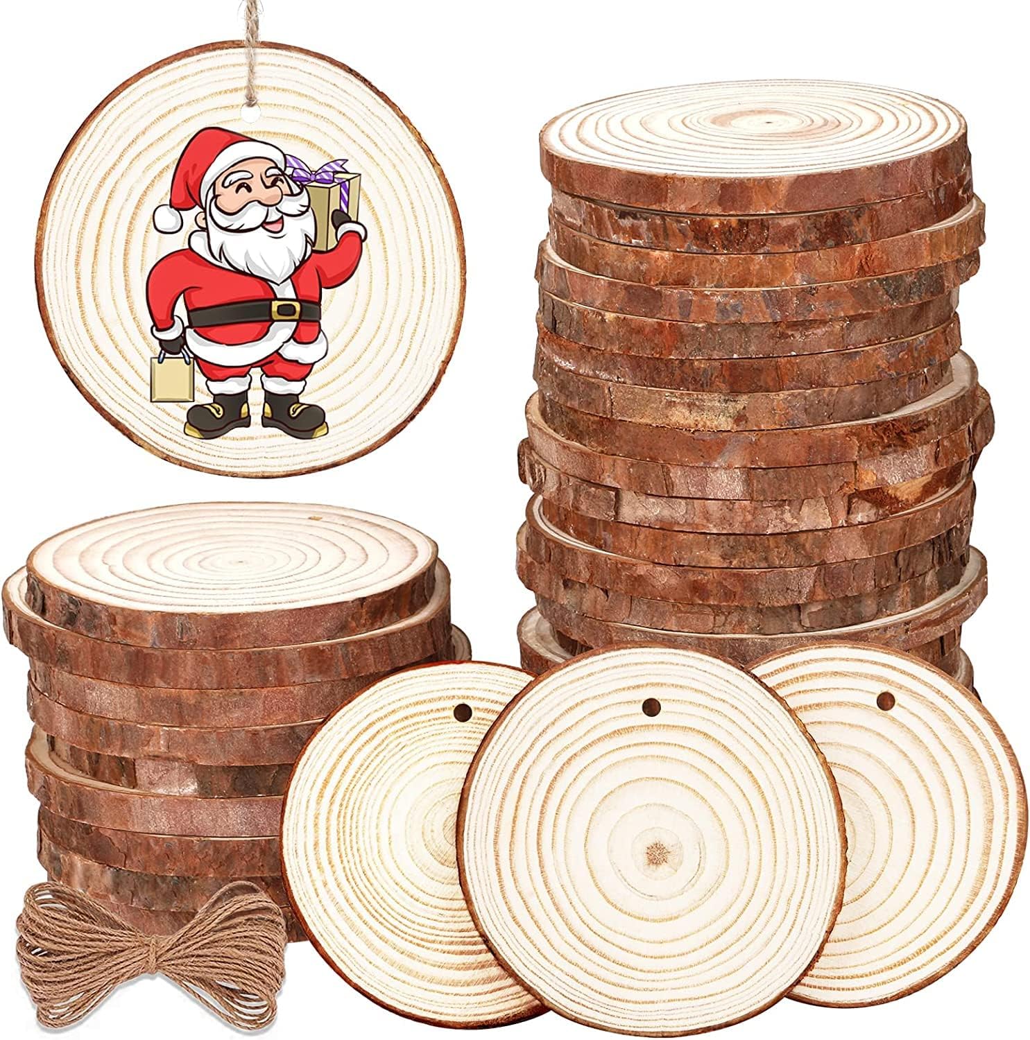 Wood Slices, 30 Pcs 2.4โ-2.8โ Unfinished Wood Rounds, Predrilled Wooden Circles Discs for Centerpieces Painting Arts Crafts Halloween Christmas Ornaments Wedding Decorations Coasters DIY