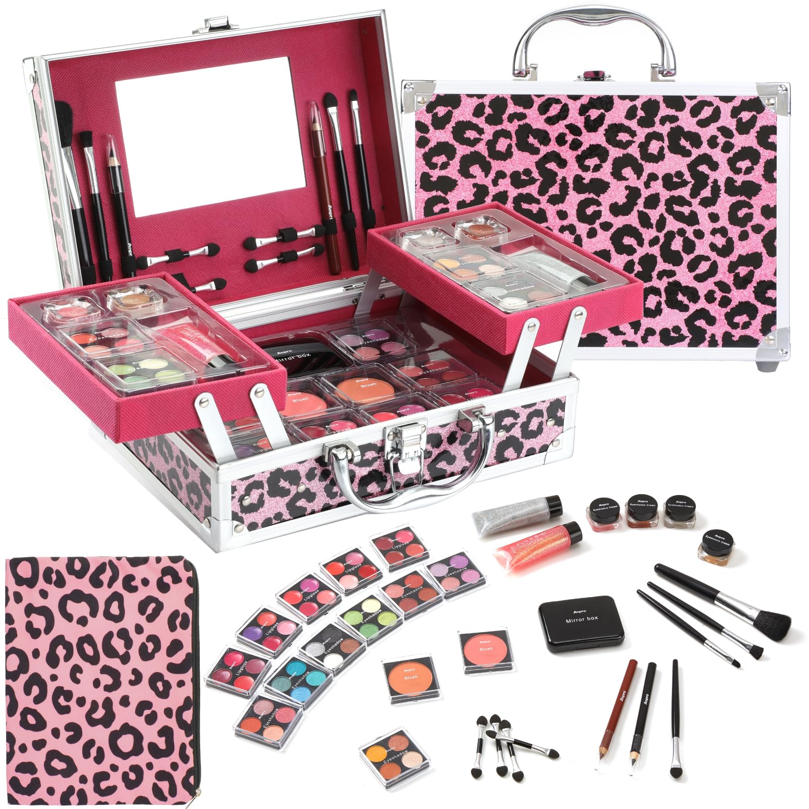 Anpro Estuche de Maquillaje Todo en Uno con Diseño Leopardo, Incluye Set de Maquillaje Profesional para Adolescentes, Pinceles, Paleta de Sombras, Regalo Ideal para Niñas - Rosa Leopardo
