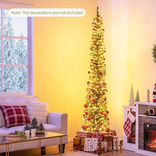 Miniatura 2 de GOFLAME Árbol de Navidad preiluminado de 8 pies, árbol de Navidad artificial delgado con soporte de metal plegable, 591 puntas de rama, 300 luces