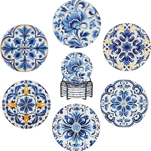 Miniatura 13 de Juego de 6 posavasos bohemios para bebidas, piedra absorbente con soporte, posavasos de cerámica con flor de mandala para protección de mesa, Flor