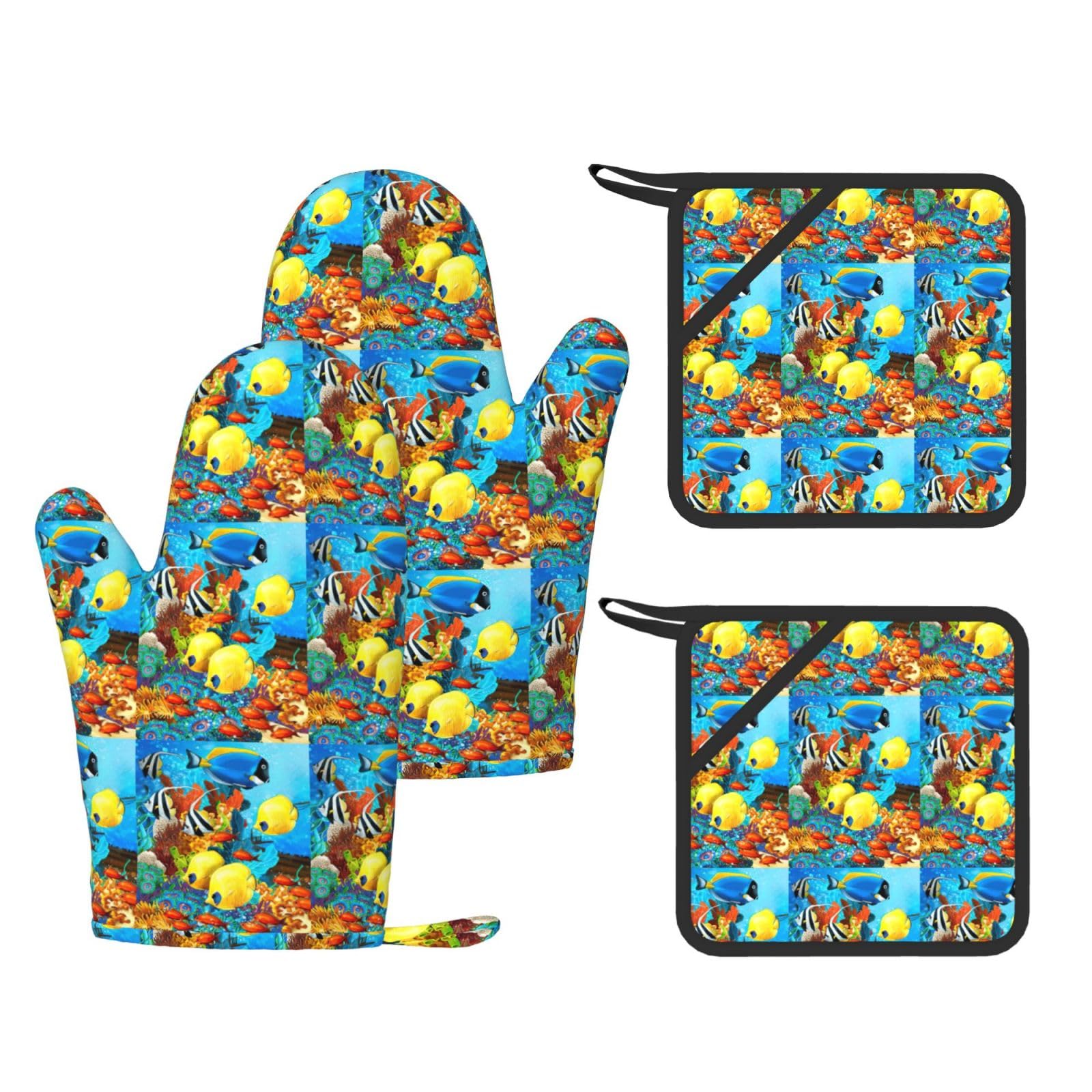 Tropical Ocean Sea Fish Fashion Printed Kitchen Kit with Heat Resistant Oven Mitts & Non-Slip Hot Pads for Baking