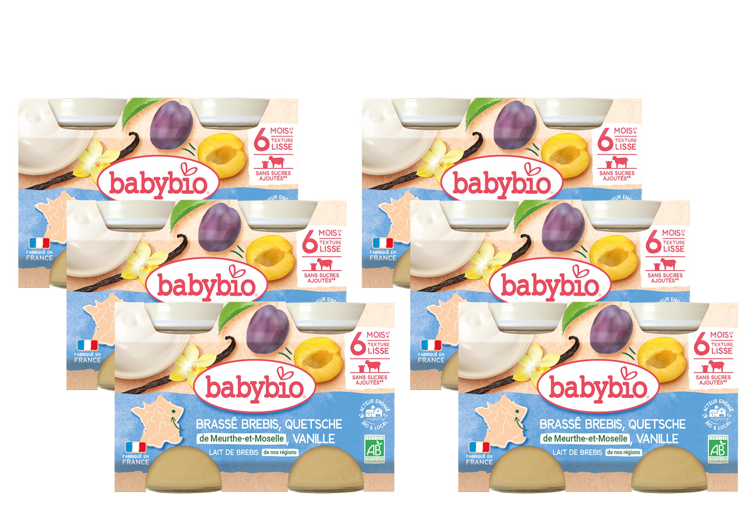 BABYBIO - Petits Pots Brassé Brebis Quetsche Vanille - 2x130g - 6+ Mois - Lot de 6 - BIO