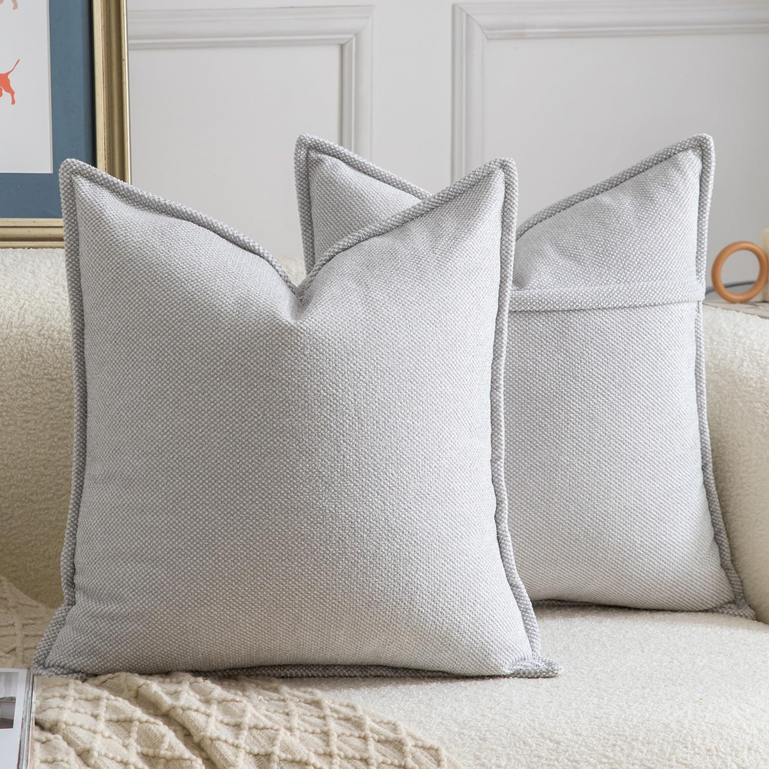 Madizz Decorative Chenille Light Grey Cushion Covers 40x40 cm Pack of 2 Throw Pillows for Couch Sofa Boho Accent Pillow Cases for Bed Cushion for Bedroom Living Room Modern Home Decor