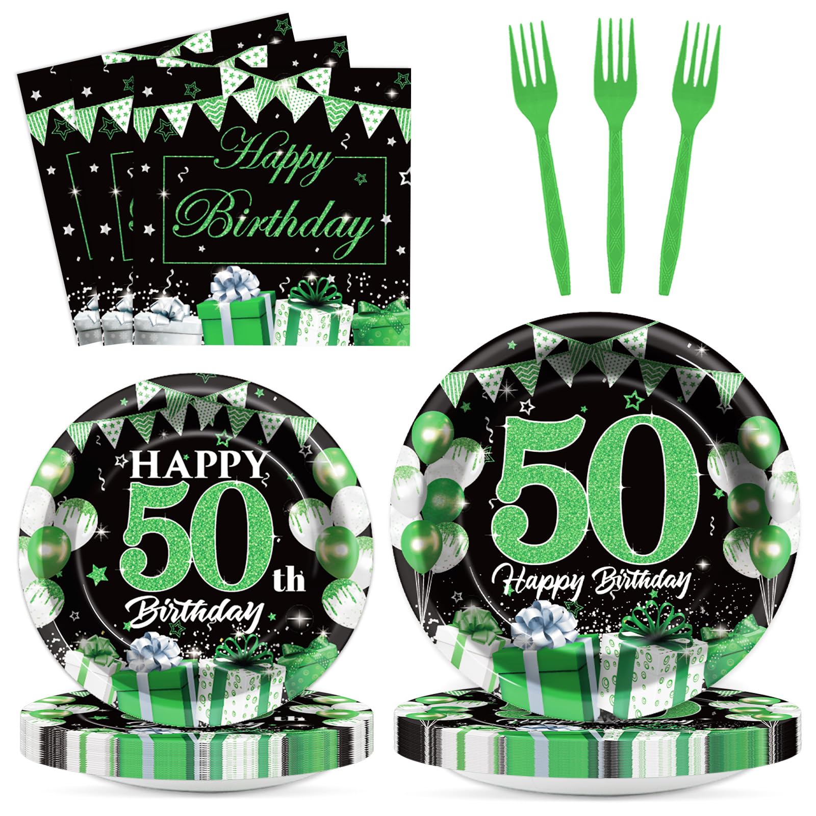 OBUSATT 96Pcs 50th Happy Birthday Party Supplies Green Silver Black Paper Plates Napkins 50th Birthday Party Decorations 50 Years Old Dinnerware Party
