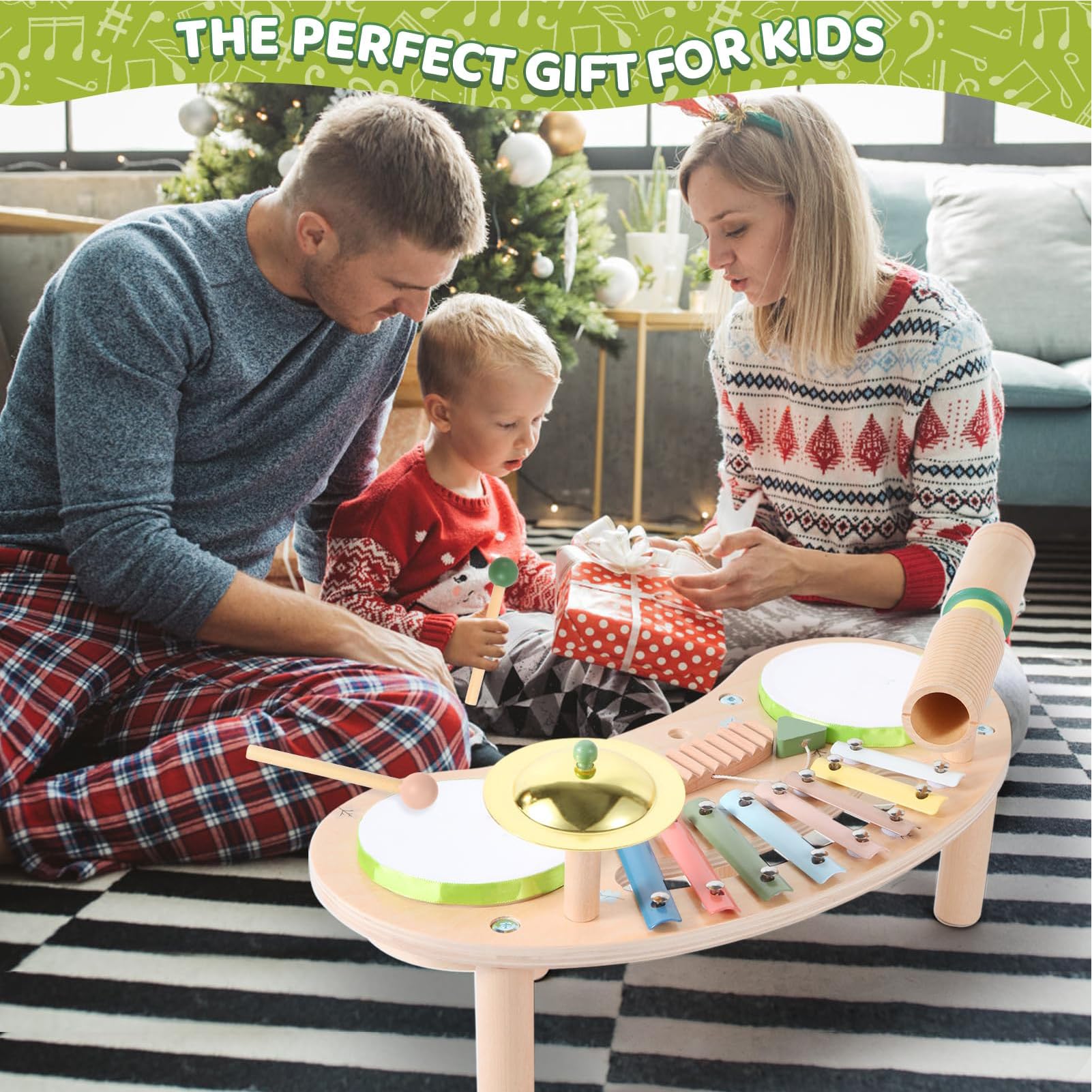 Batería Infantil Set de 7 Instrumentos Musicales de Madera | Juguete musical infantil Para Casa, Guardería, Colegio, Educación en Casa, Cumpleaños, Vacaciones