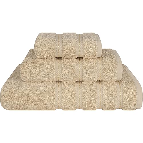 American Soft Linen Premium 3 Piece Towel Set, 1 Bath Towel 1 Hand Towel 1 Washcloth, 600 GSM 100% Cotton Turkish Towels for Bathroom, Beige Towel Set