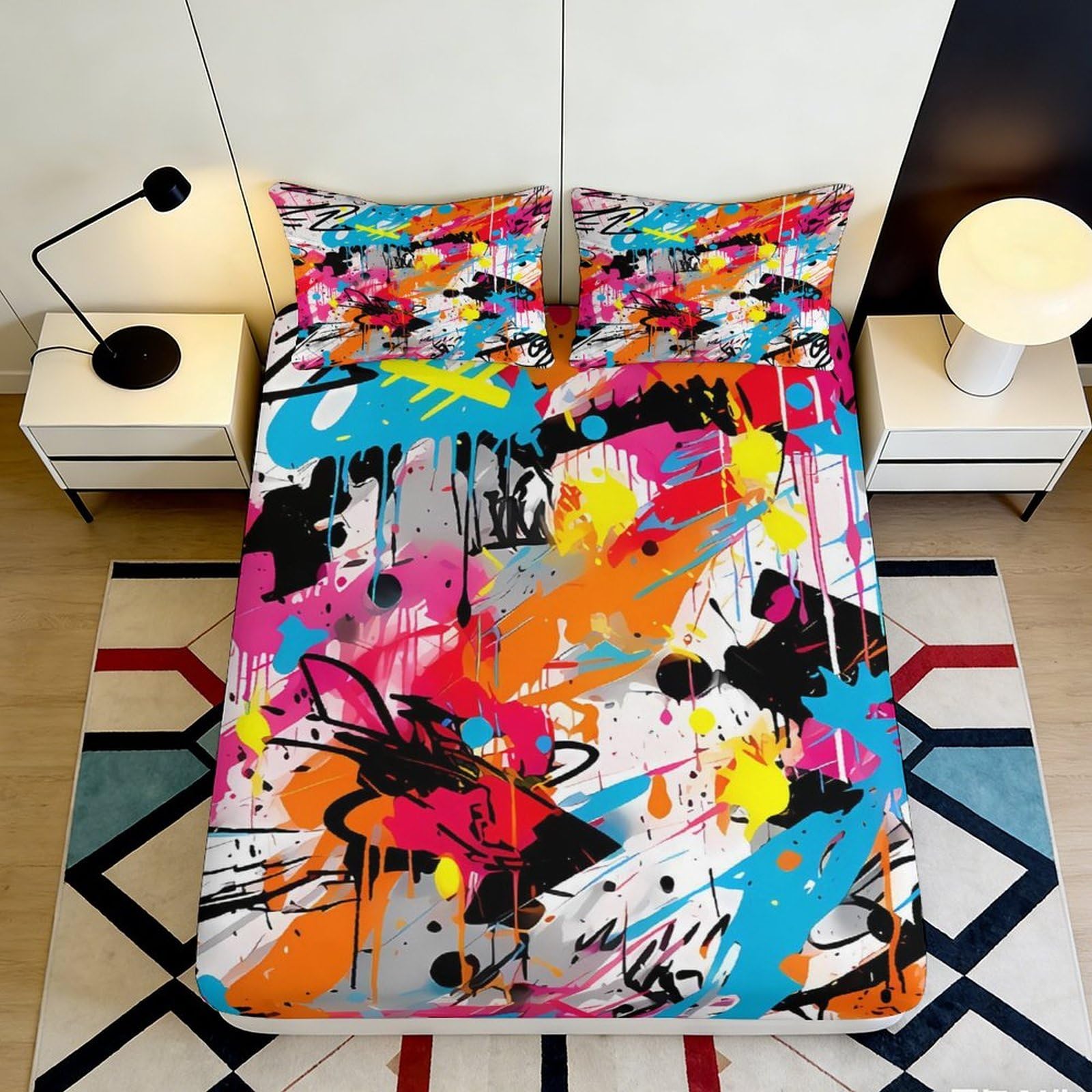 3D Printed Graffiti Art Fitted Sheet Microfiber Soft Vibrant Abstract Splash Mattress Cover Bedroom Decor 90x200x25cm