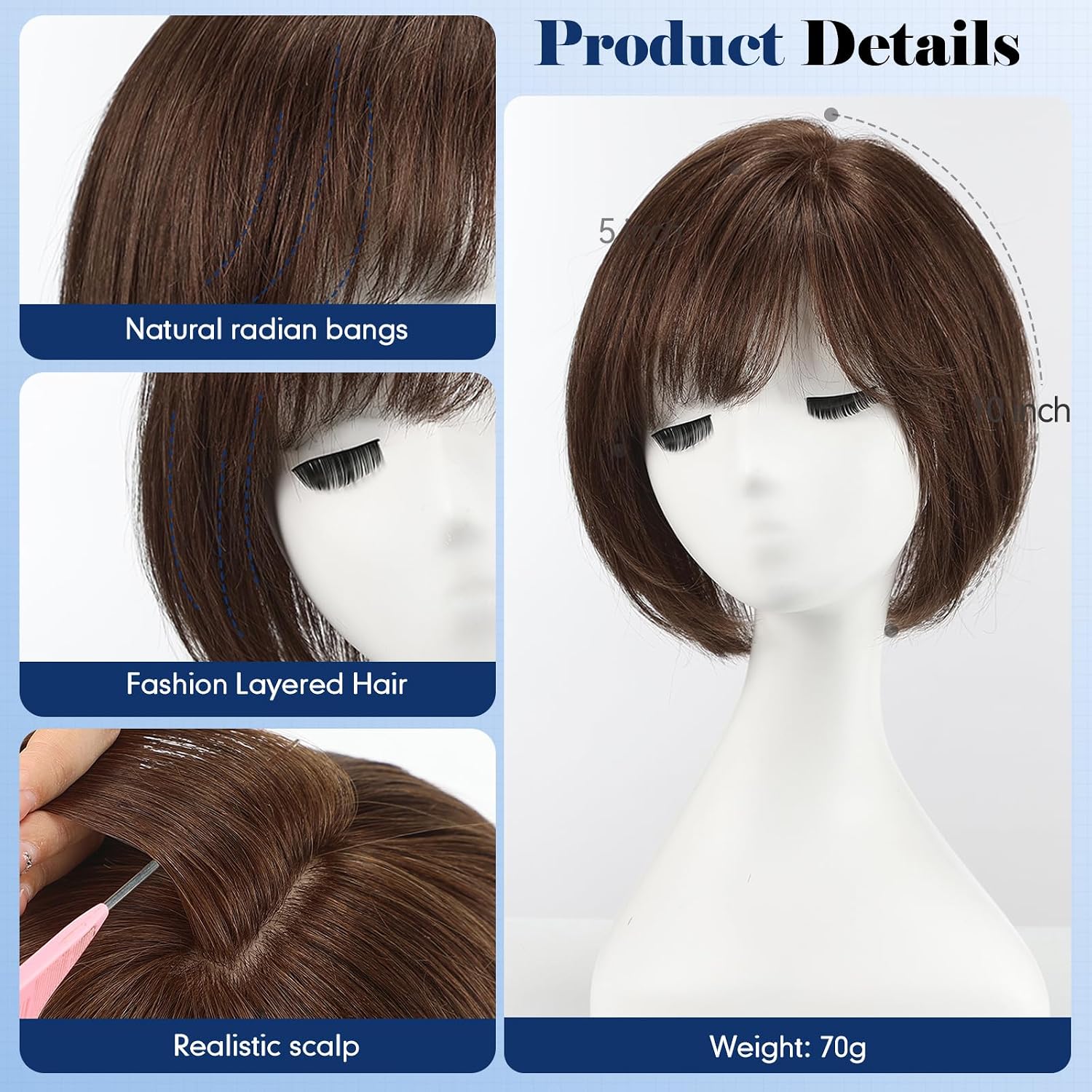 HAIRCUBE 10-Inch Human Hair Topper for Women – 6.5x6.5 Inch Silk Base, Brown Side-parted Short Bob with Bangs – Thinning Hair Solution, Covers Gray Roots, Natural & Breathable