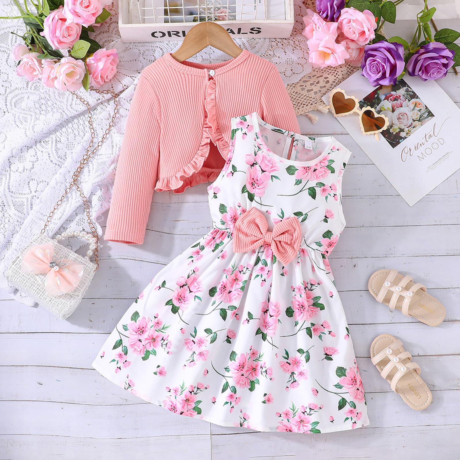 Kid Girl Fall Outfit Floral Print Round Neck Bow A-Line Tank Dress Ruffled Ribbed Cardigan Toddler Dress Set (Pink, 2-3 Years)