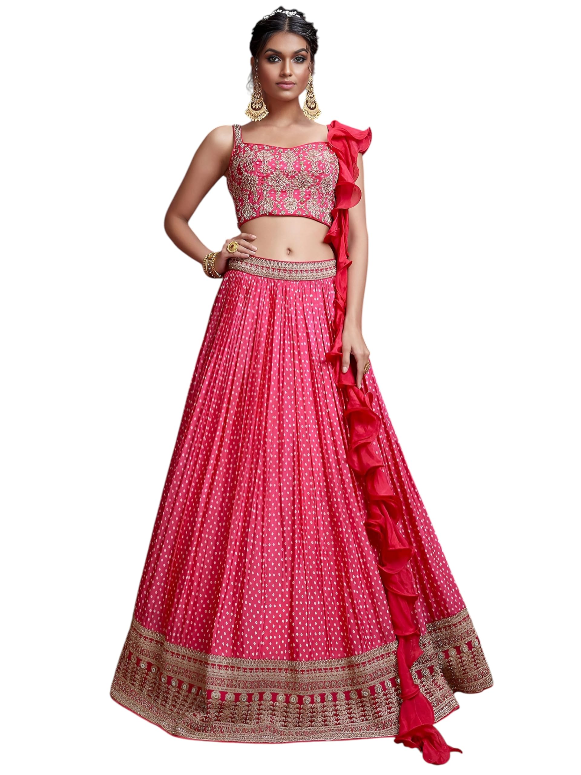 Women's Bandhani Print & Heavy Embroidery Silk New Semi Stitched Lehenga Choli With Dupatta (101-Pink-Wedding-Stylish-Lehenga-Choli; Free Size)-image-21