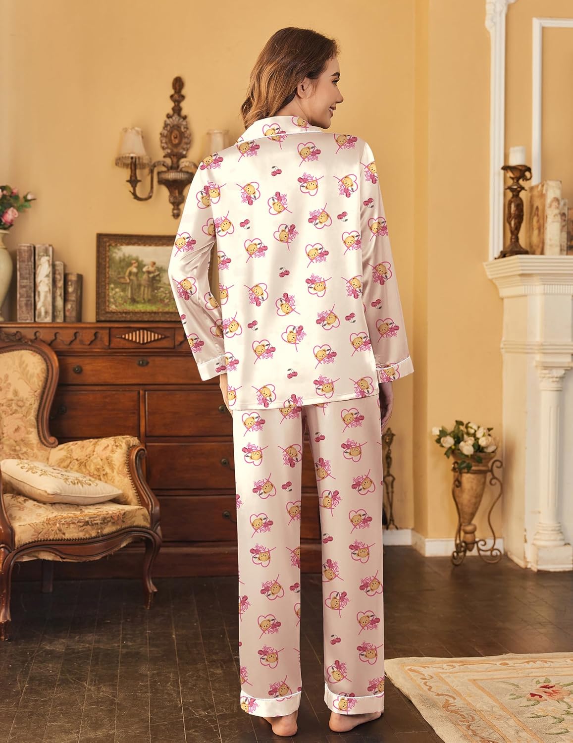 Ekouaer Womens Satin Pajama Set Classic Pattern Silky Pj Sets Button Down Sleepwear Loungewear - Image 5