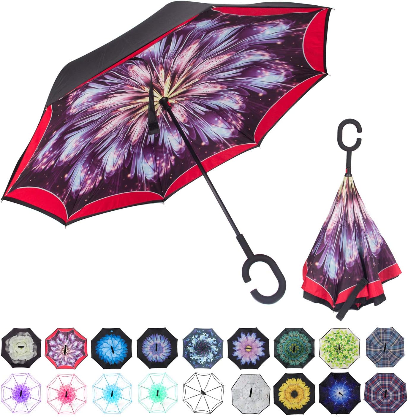 WASING Double Layer Inverted Umbrella Cars Reverse Umbrella, Windproof UV Protection Big Straight Umbrella for Car Rain Outdoor with C-Shaped Handle (Fireworks)