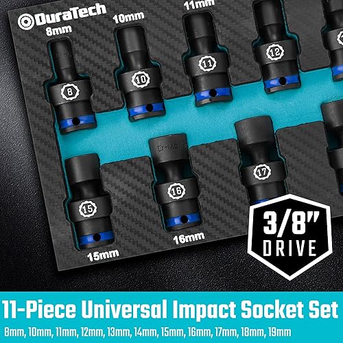 Miniatura 2 de DURATECH Juego de llaves de vaso universal de impacto de 38 pulgadas, juego de llaves giratorias, 11 piezas, métrico, 0.315-0.748 in, acero Cr-Mo,