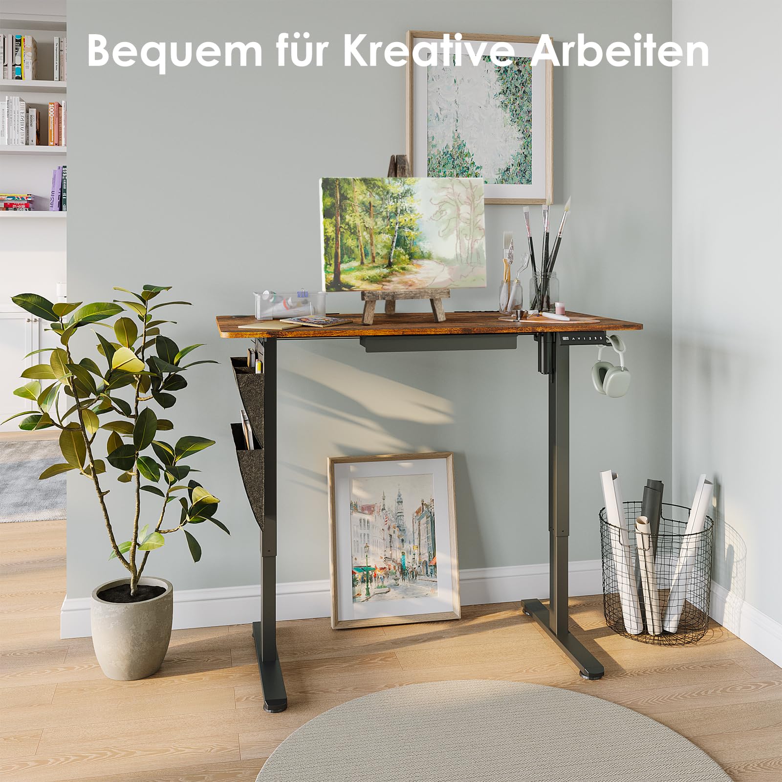 Schreibtisch Höhenverstellbar Elektrisch 120x60 cm, Braun | Steh-Sitz Tisch mit 3 Höhen Memory-Funktion, Verstellbarer Computertisch mit Schubladen für Heimbüro Studium