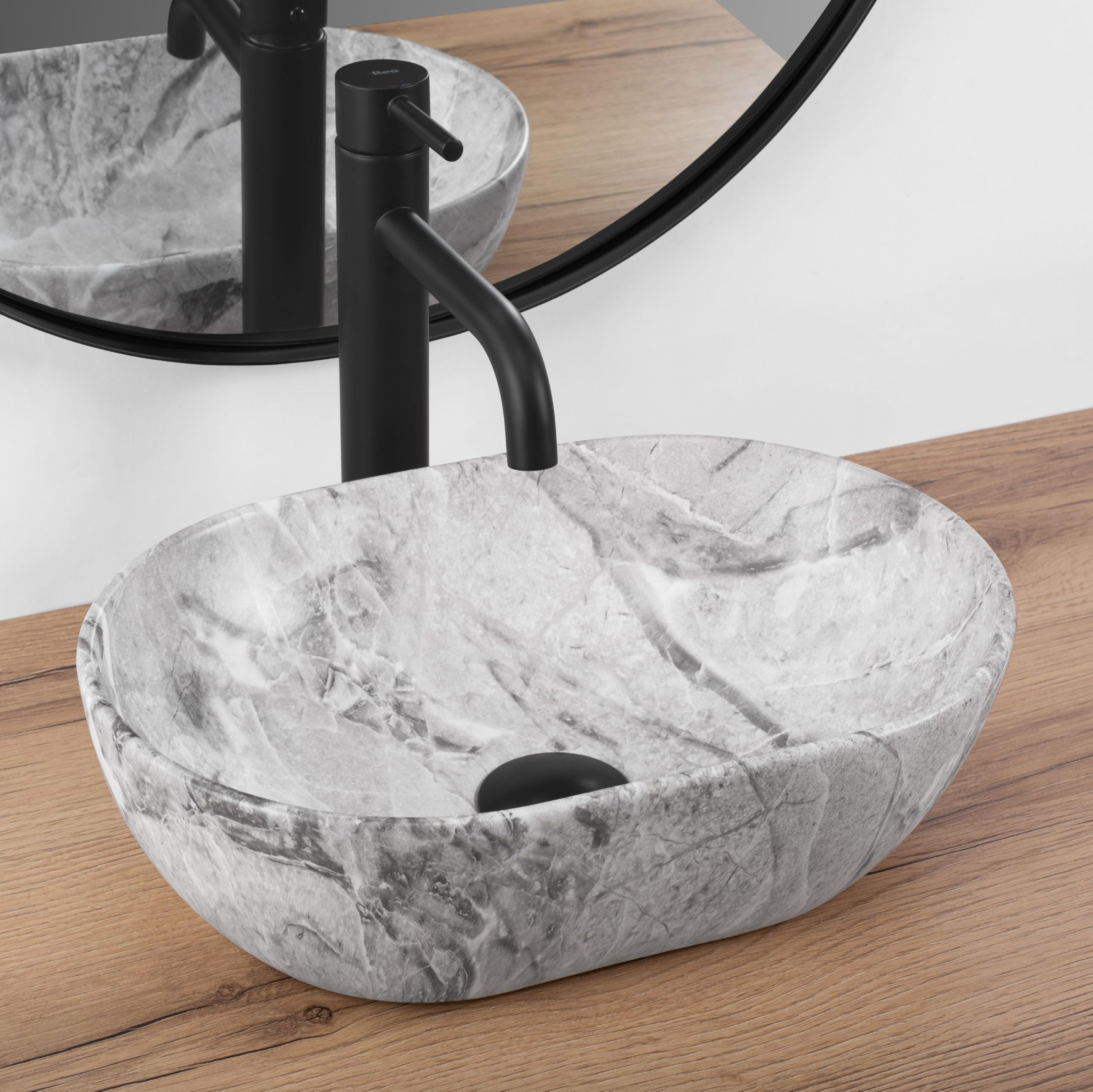 Rea Lavabo de cerámica sobre encimera Amelia Mini Oval Light Grey, Diseño elegante para baños modernos - 38X26X12CM