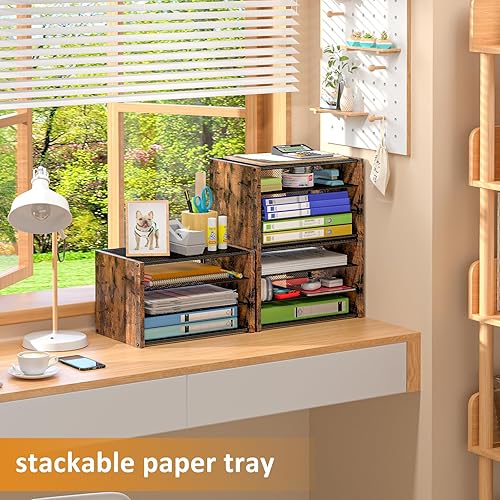 Miniatura 6 de Bandeja de papel de 3 niveles, organizador de archivos de escritorio de madera, organizador de escritorio de malla metálica apilable para