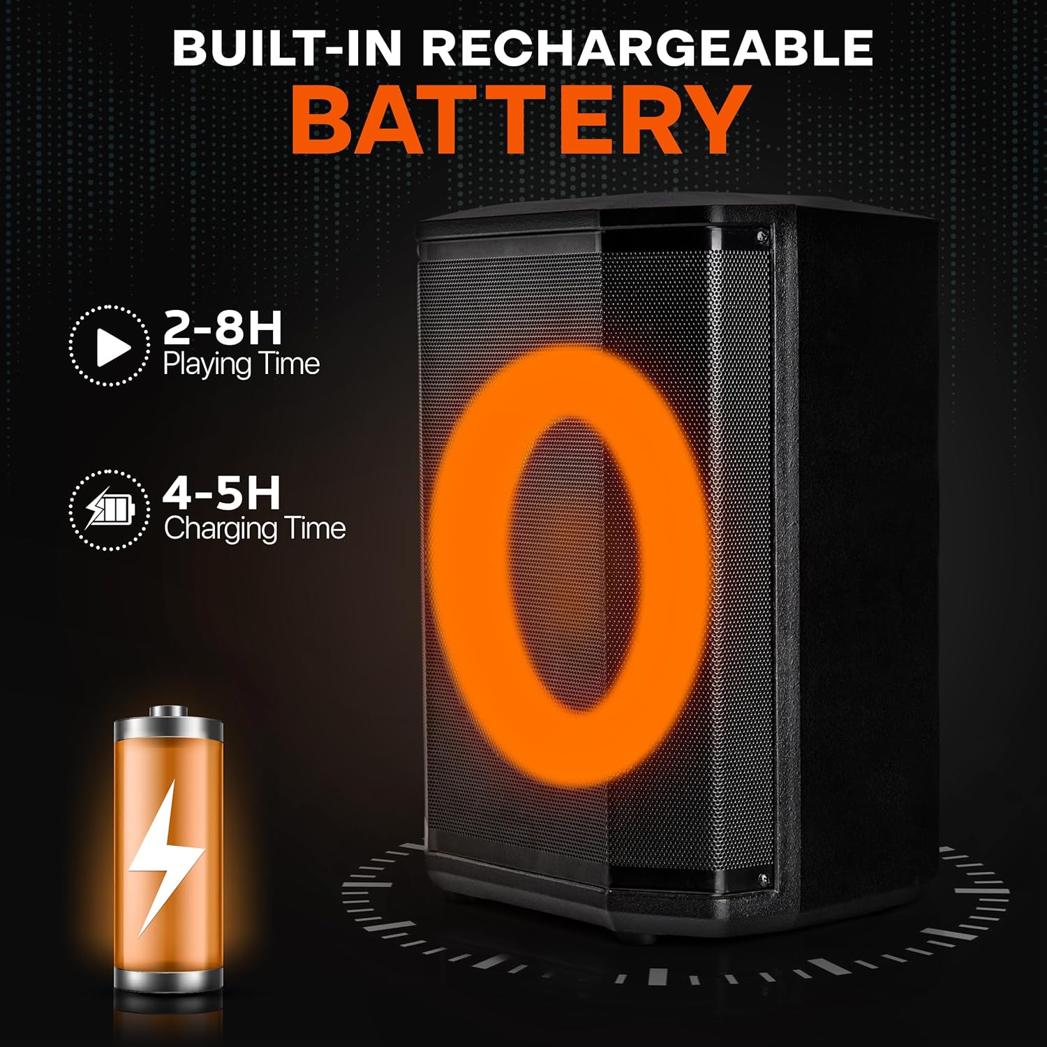 Diagram showing the speaker's built-in rechargeable battery, indicating 2-8 hours of playing time and 4-5 hours of charging time.