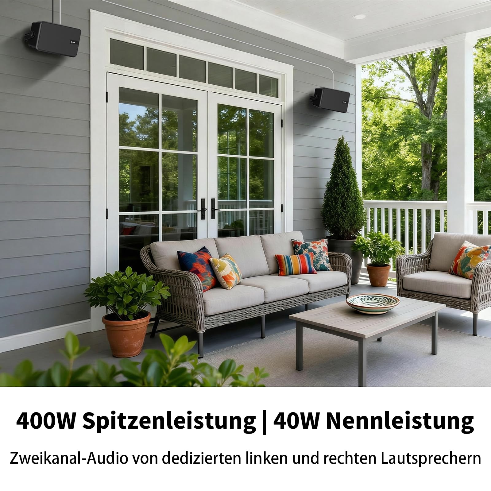 Bluetooth-Lautsprecher für den Außenbereich, Aktive + Passive Wandlautsprecher, Aux-Eingangsunterstützung, Integrierter Verstärker, Geeignet für Terrasse, Veranda, Garage, Pool, 2er-Pack