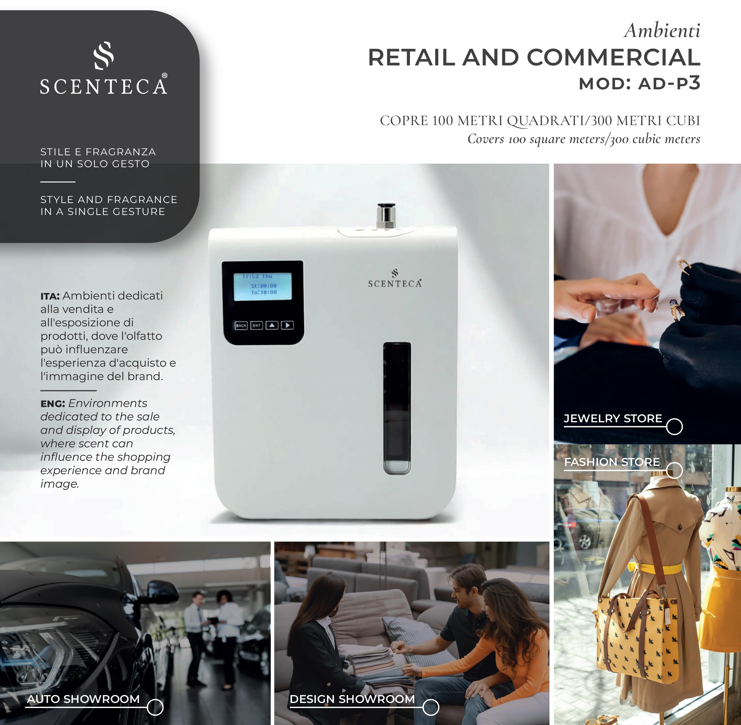 SCENTECA Diffusore elettrico di oli essenziali Mod. AD-P3, con fragranza Tè Bianco e Fiori di Primavera inclusa, nebulizzazione a freddo, copertura fino a 100 mq, per casa e ufficio (100 ml)