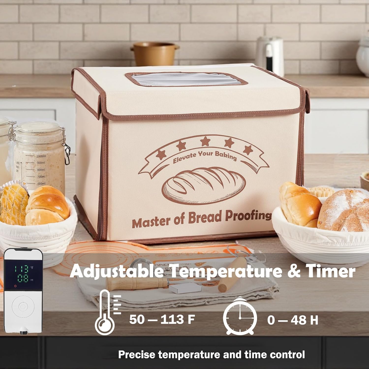 Bread Proofing Box with 50-113? Temp Control & 48H Timer - Folding Dough Proofing Box with Metal Rack Warming Foldable Proofer for Sourdough, Bread Baking, Pizza, Yogurt