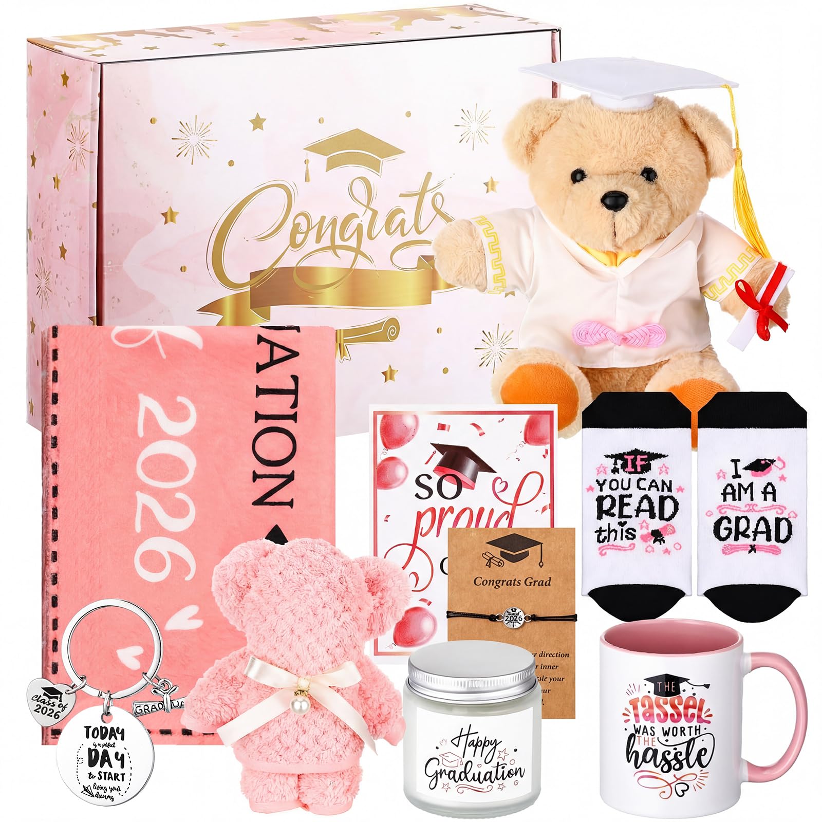 ReliThick Juego de 10 piezas de regalos de graduación universitaria 2024 para él, ella, felicitaciones, graduación, cesta de regalo que incluye manta de graduación, calcetines de tarjeta de oso, taza,