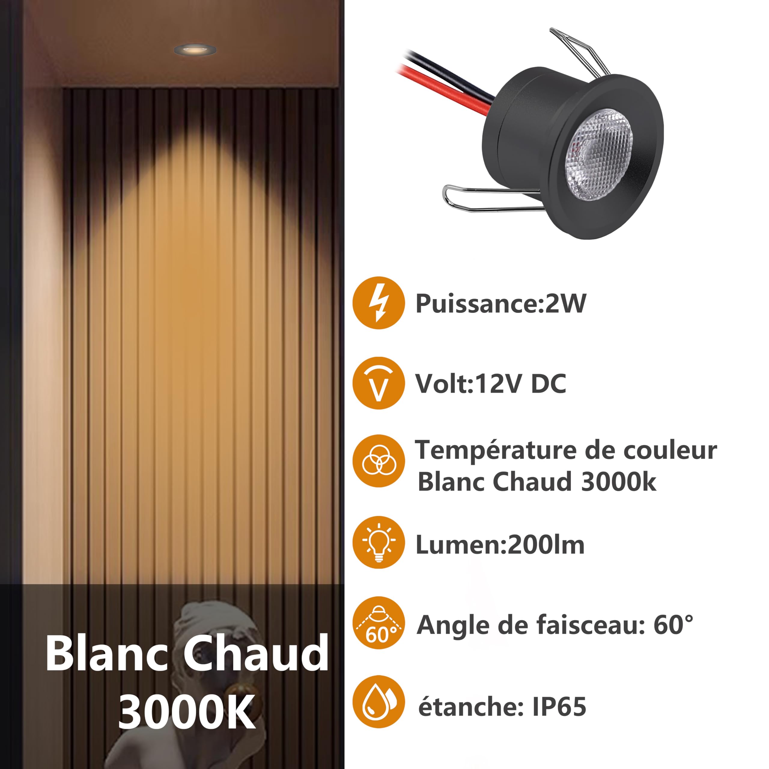 Spot LED Encastrable 2W, 12V Spots Plafond,IP65 Spot Salle de Bain,mini spot Led Extra Plat 19mm,Trou Φ25-28mm spot encastrable pour Cuisine Salon Carport,Lot de 6 (Noir Blanc Chaud 3000K)