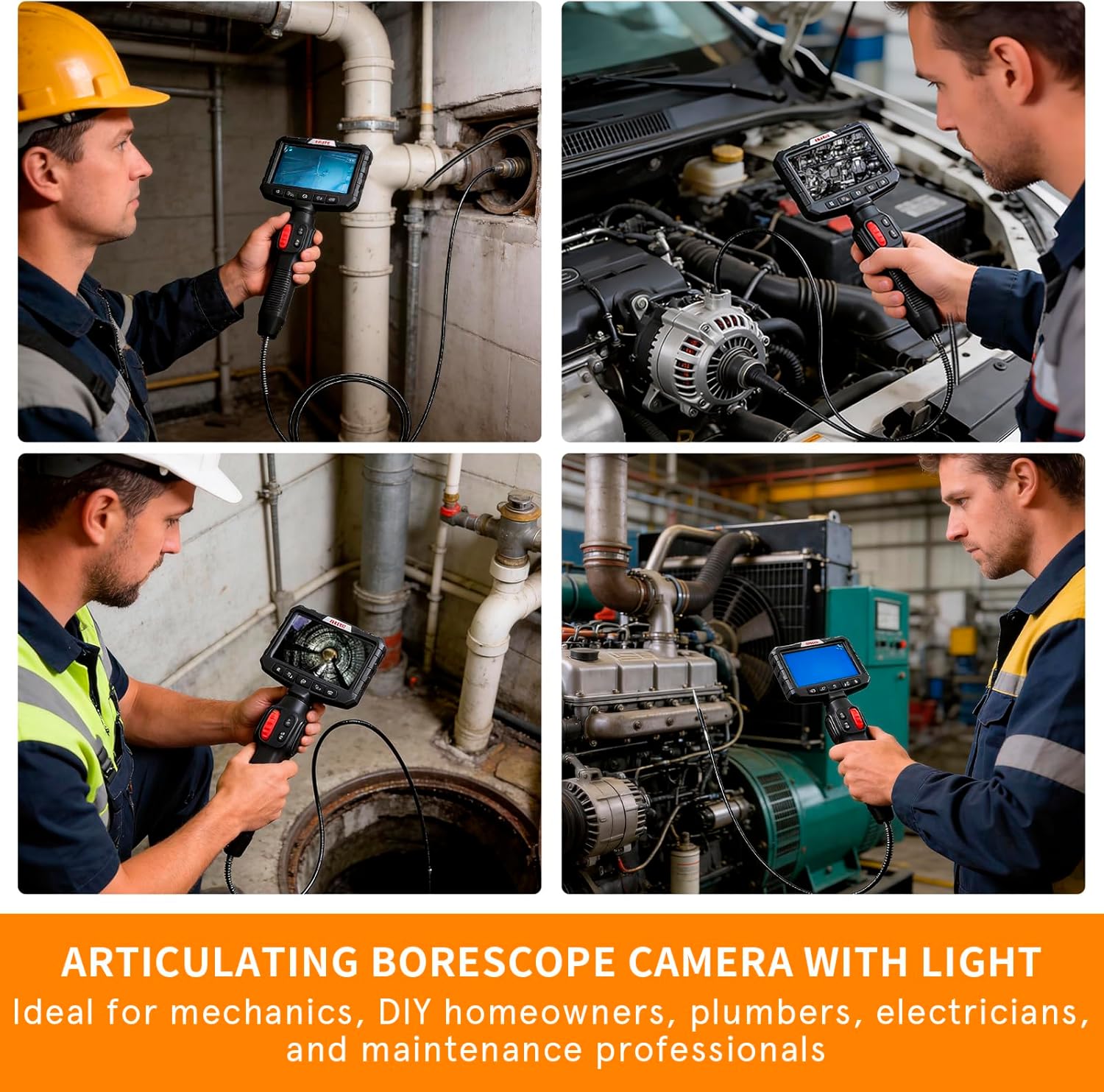 Two-Way Articulating Borescope Camera with Light, 0.15 in Mini Inspection Camera with 5 in HD Screen, 6.5ft Flexible Snake Cable Endoscope for Wall, Engine, HVAC and Plumbing Checks