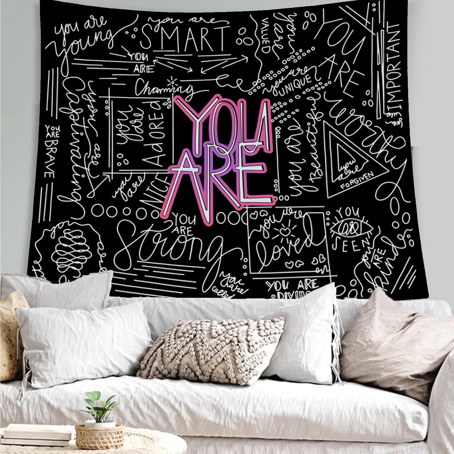 Boqin Quote You Are Tapestry Inspirational Wall Art Wall Hanging Positive Saying Classroom Tapestries for Teen Girl Bedroom Dorm 50 * 60 Inches (Black)