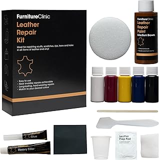 Furniture Clinic Kit Completo de Reparación de Cueros - 12 Opciones de Colores para Sofás, Asientos de Coche - Remienda, Rellena y Retoca Arañazos, Desgarros y Otras Áreas Dañadas (Marrón Medio)
