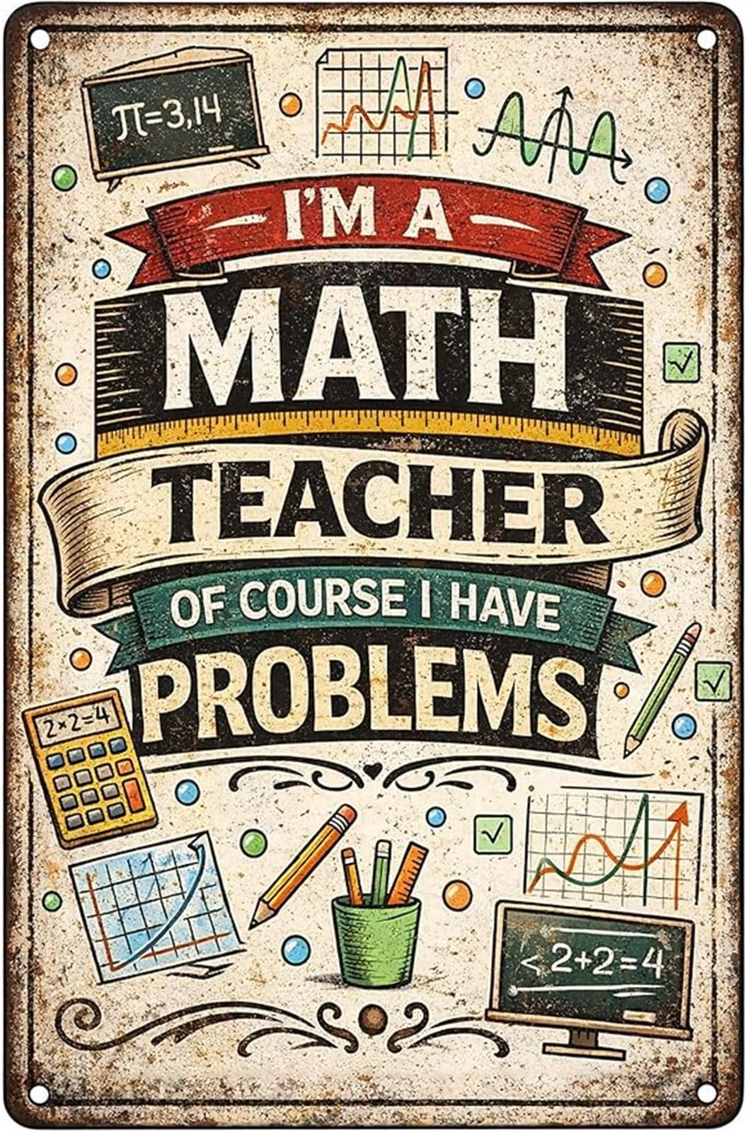HDKYSWBUEJ Math Teacher Humor Sign Im A Math Teacher Of Course I Have Problems Funny Vintage Metal Tin Sign Classroom Wall-Art 8 X 12 in