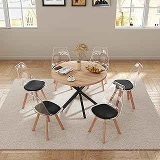 GrandCA HOME Mesa de Comedor con 6 Sillas, Mesa Redonda de 100 CM, Silla de Cocina Tapizada Transparente, Conjunto de Mesa y Sillas de Comedor (Claro + Negro)