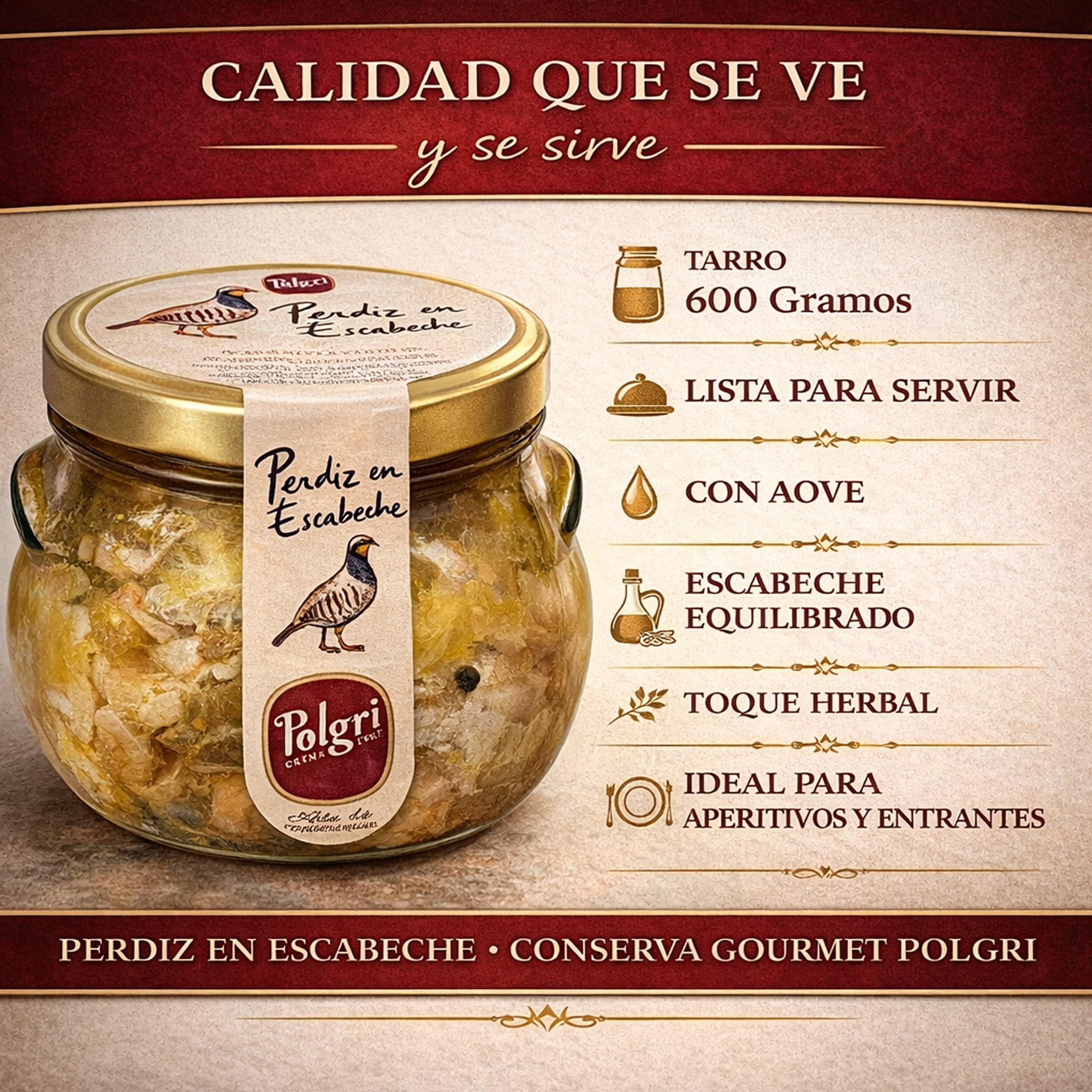 Perdrix À L´Escabèche Gourmet Polgri A`L´Huile D´Olive Extra Vierge