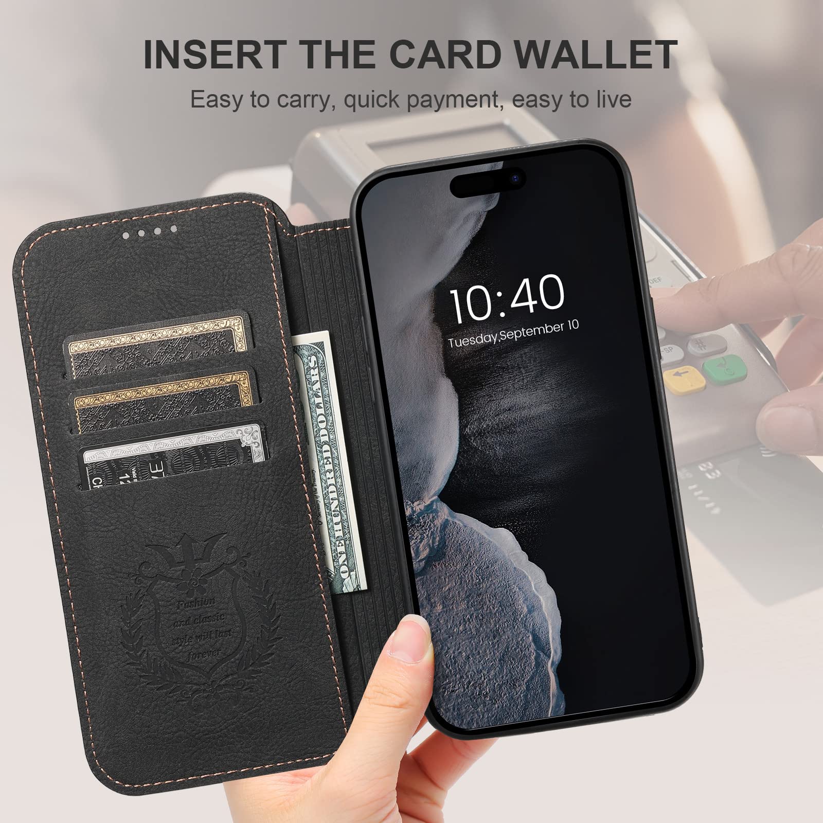 Custodia in pelle per iPhone 14 Pro Max/14 Pro/14 Plus/14, ultra sottile, a portafoglio, con chiusura magnetica, con supporto per carte di credito, supporto per ricarica wireless magnetica